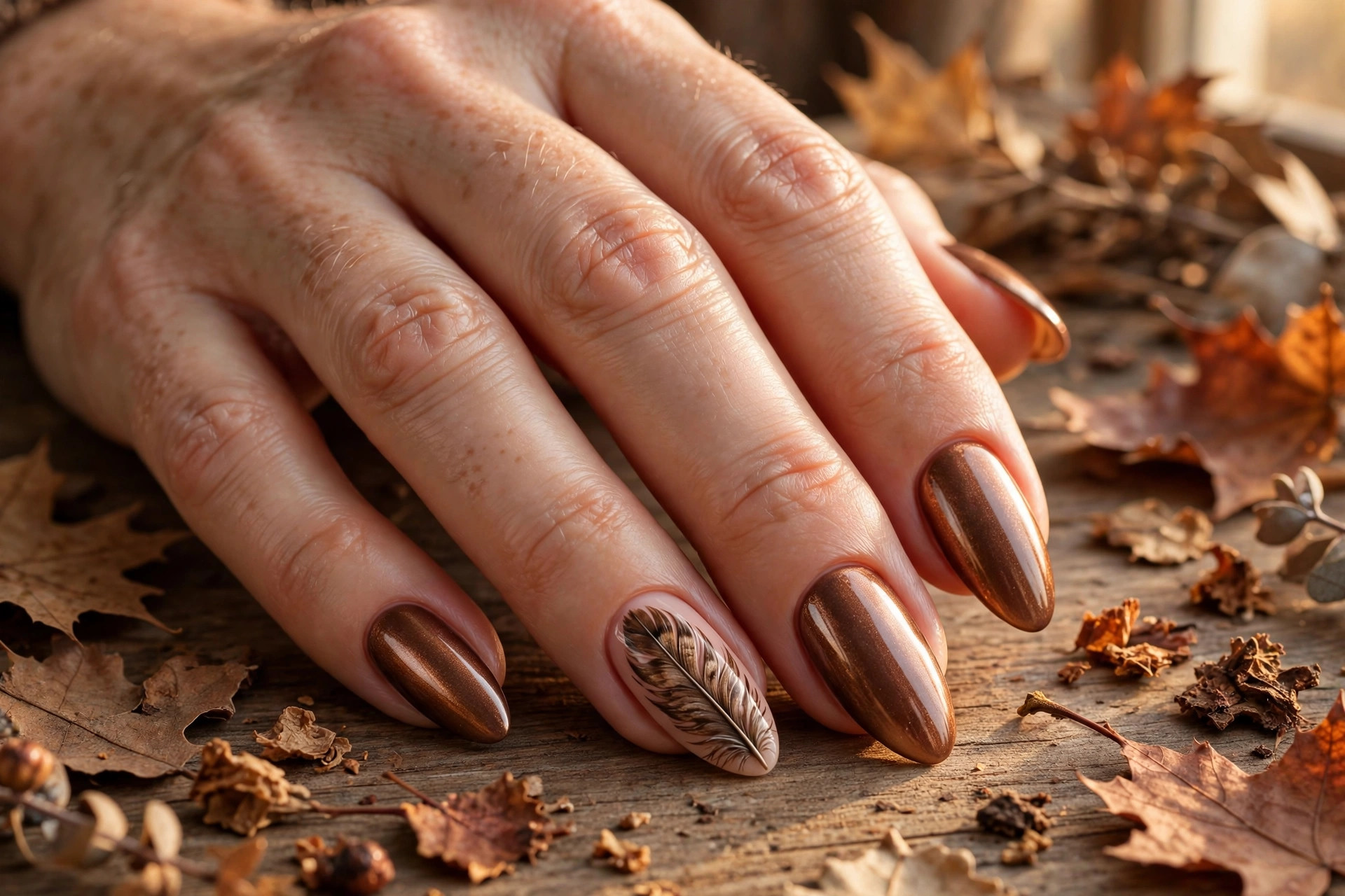 Turkey feather accent nail art with bronze feather detail on nude base