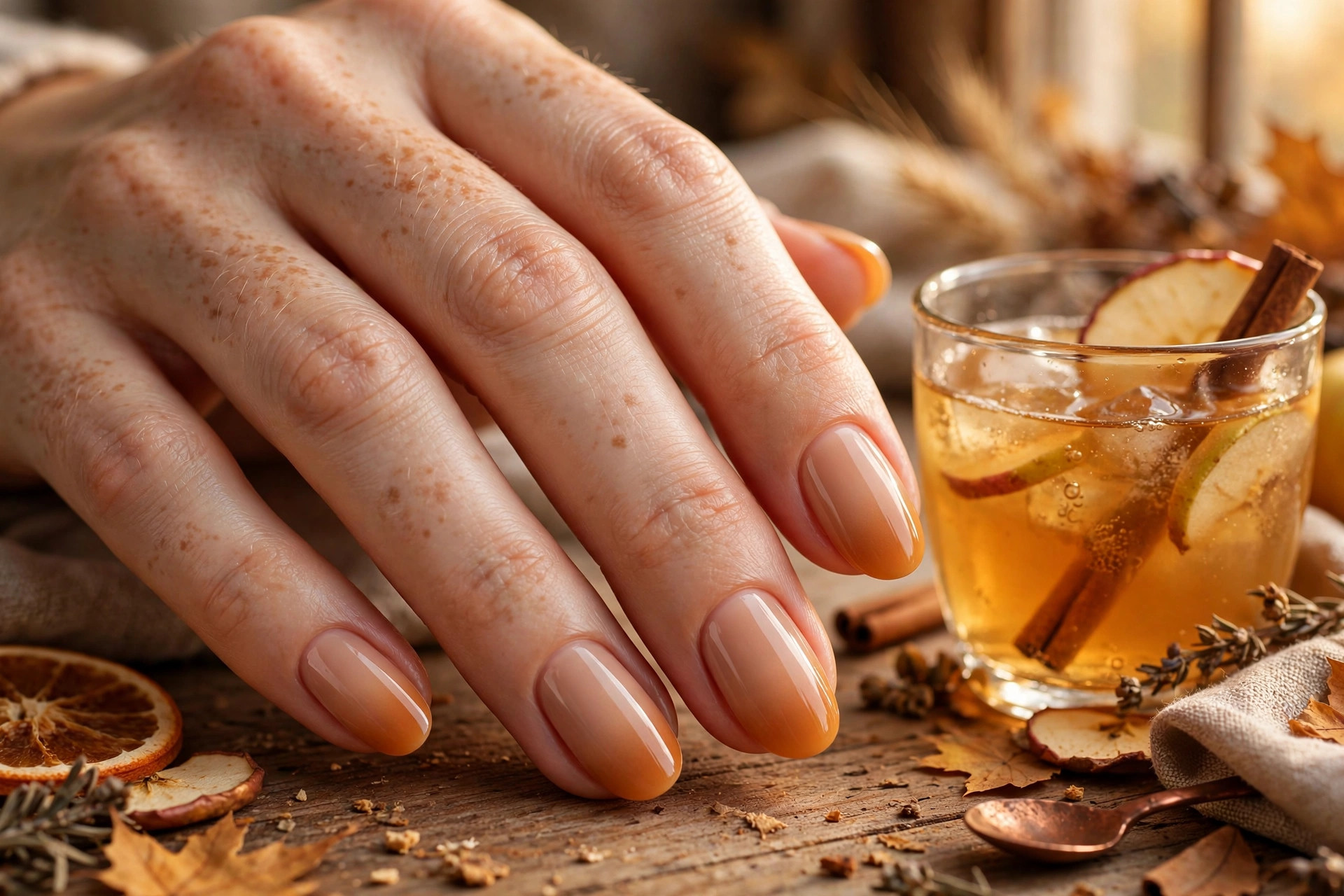 Apple cider ombre gradient thanksgiving nails from caramel to amber