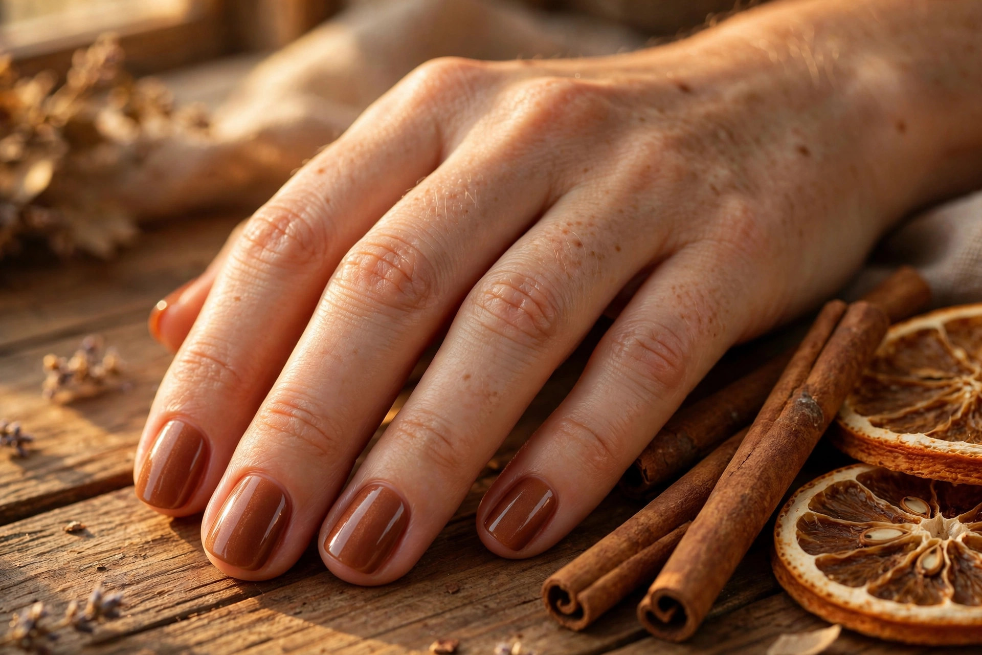 Warm cinnamon brown thanksgiving nail designs on squoval nails