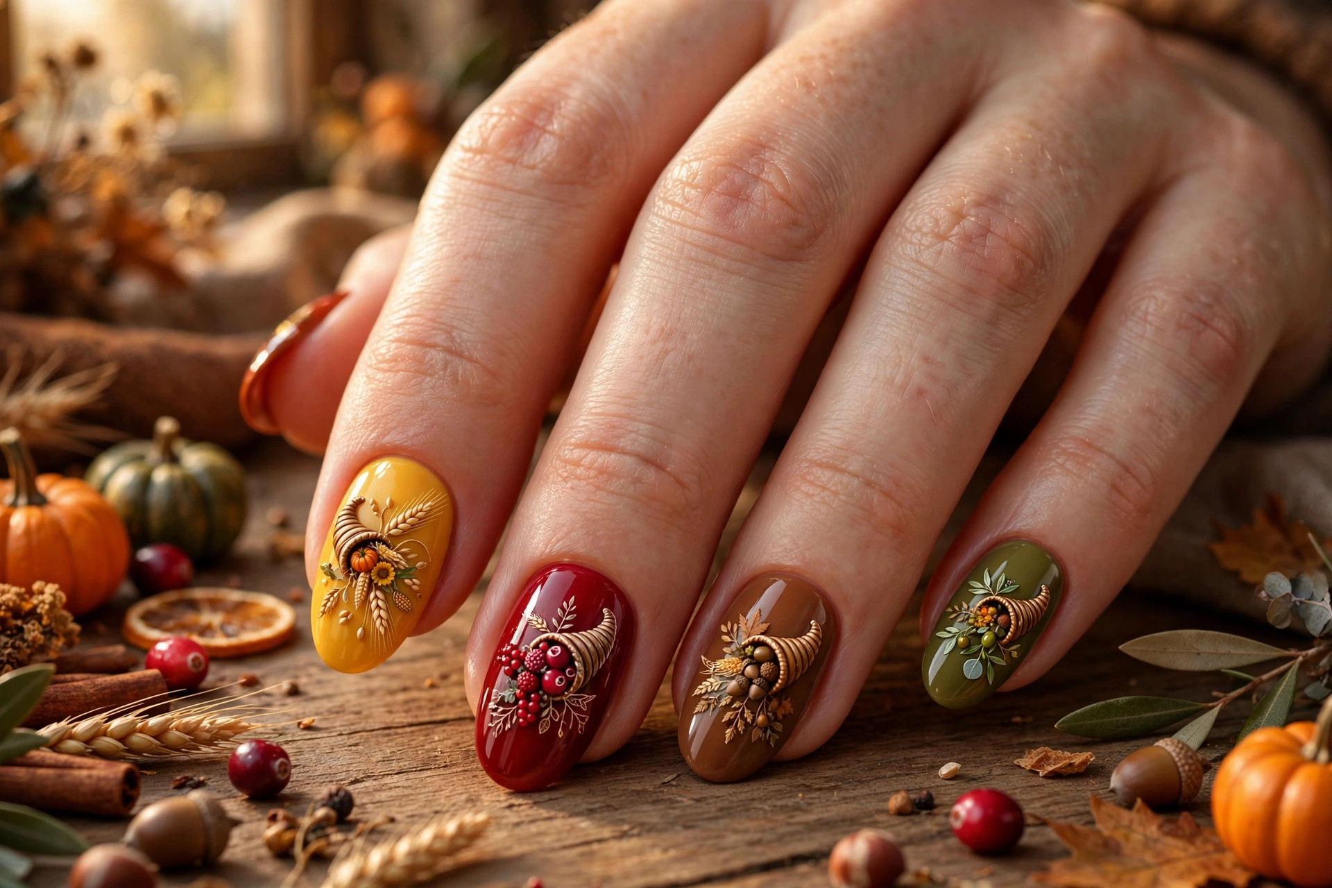 Cornucopia harvest color thanksgiving nails in orange gold cranberry and brown