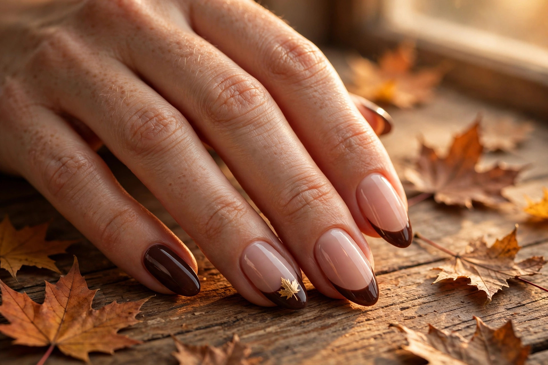 Maple leaf French thanksgiving nails with chocolate tips and gold leaf accent