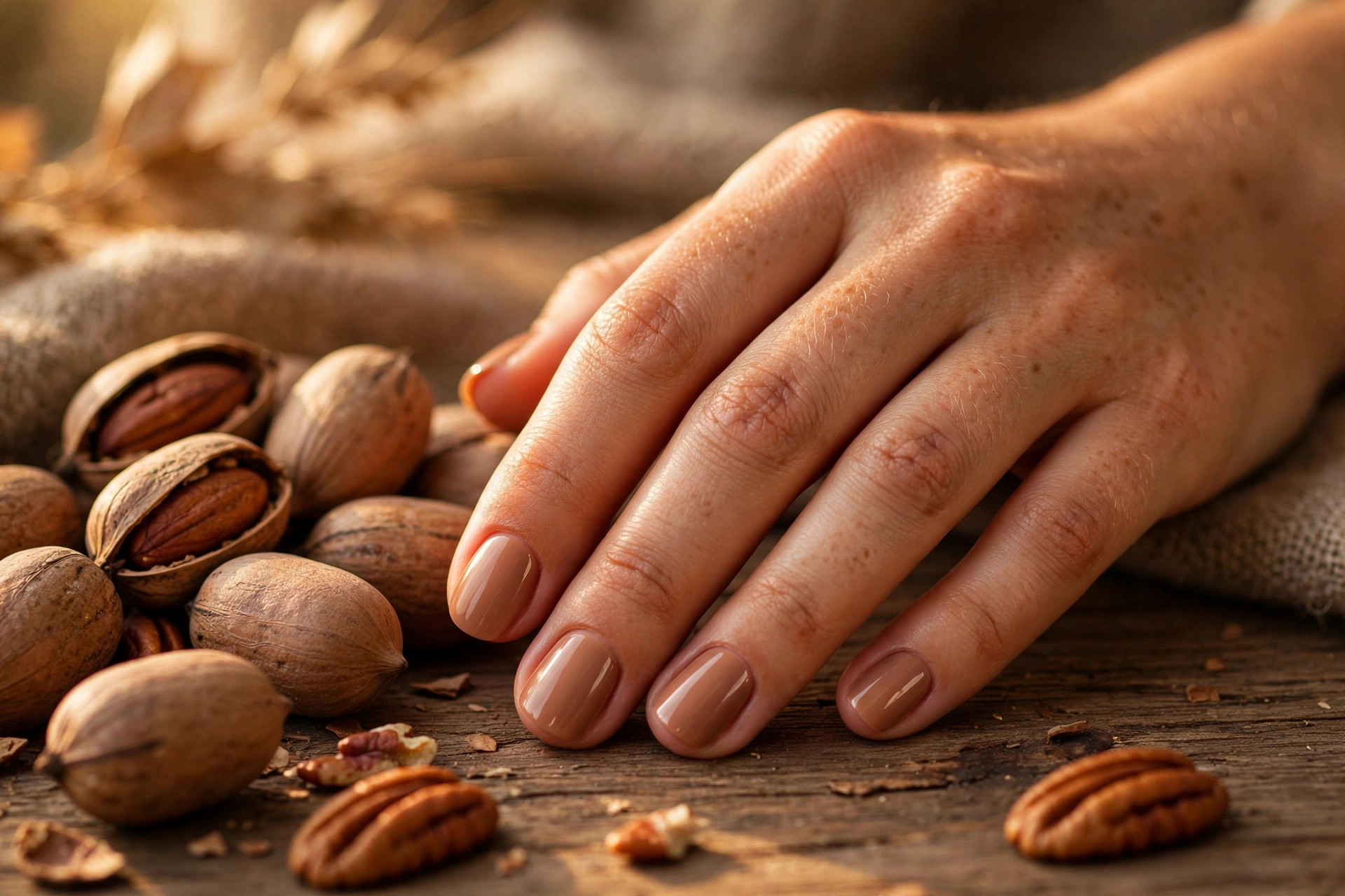 Warm pecan nude thanksgiving nails on short rounded nails