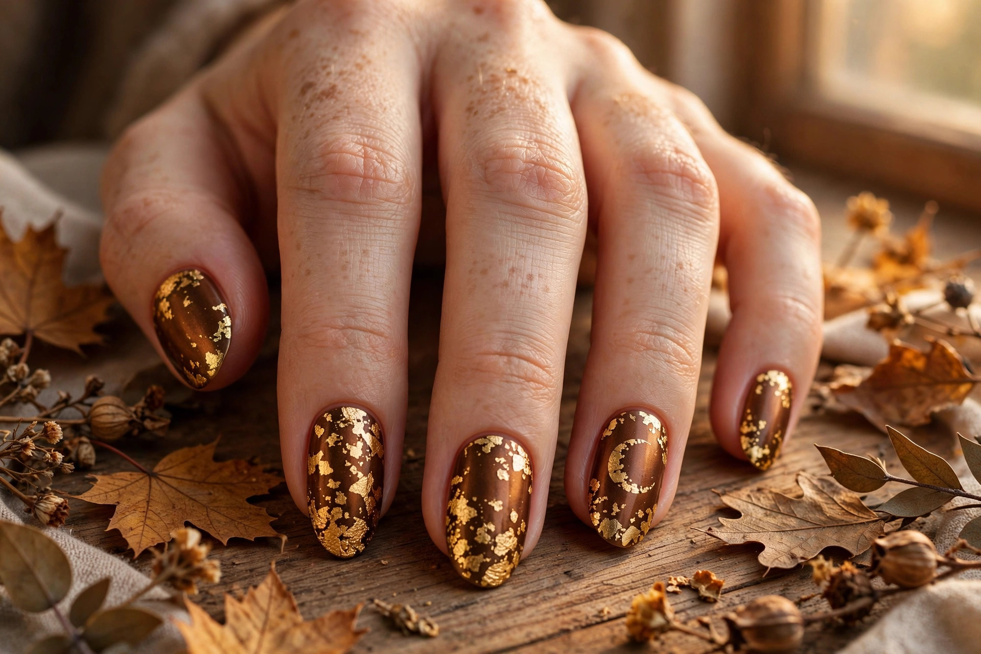 Harvest moon gold foil thanksgiving nail art over bronze base