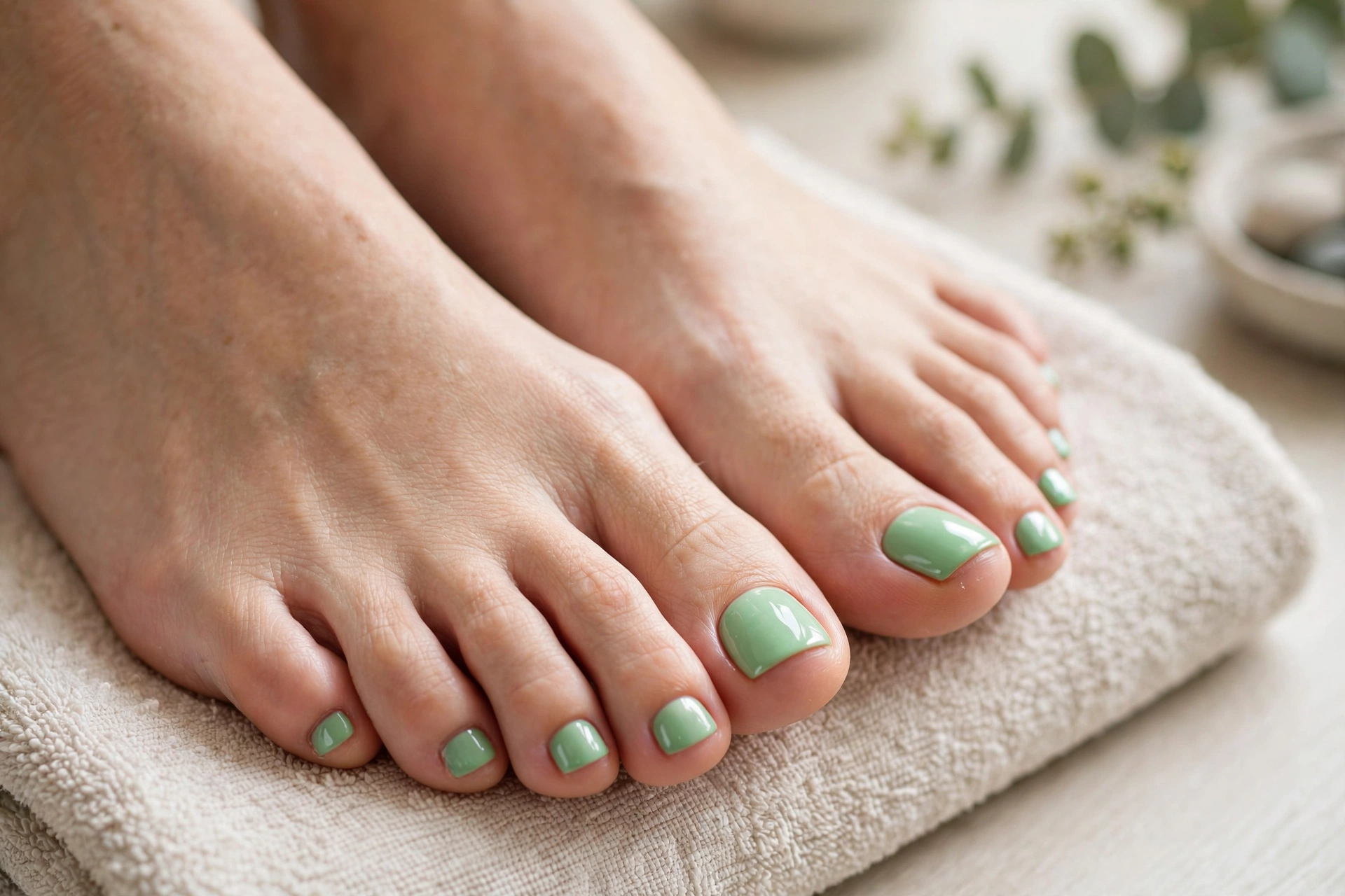 Mint green solid color pedicure