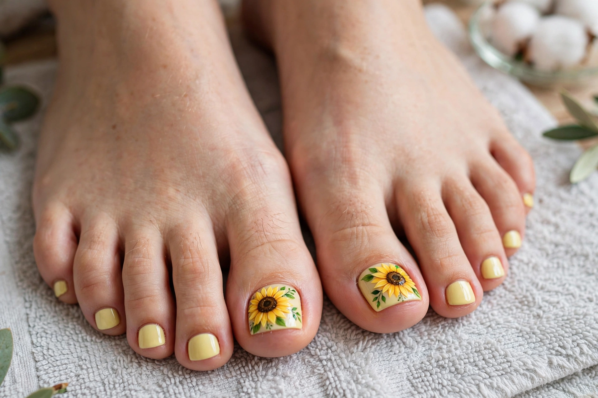 Sunflower painted on big toenail over yellow