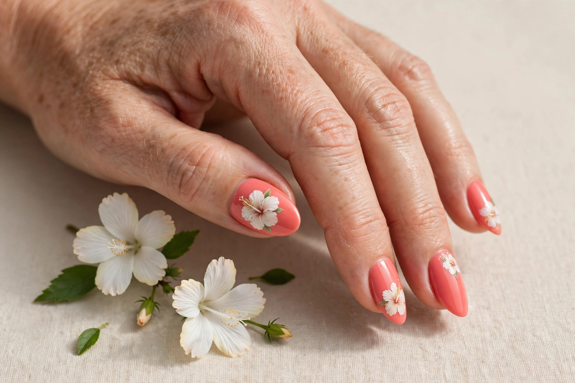 Woman's hand with white hibiscus flowers hand-painted on a coral pink manicure