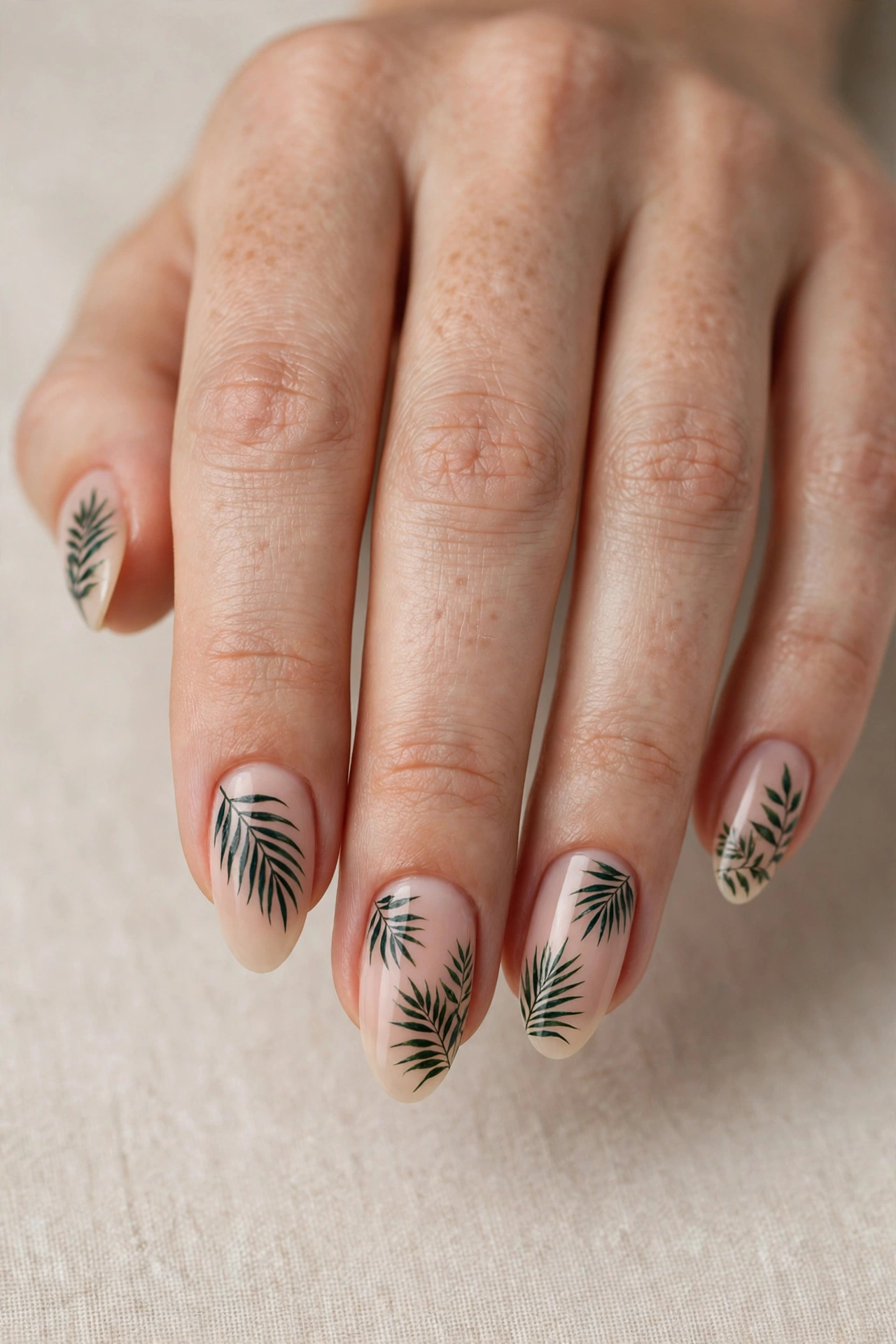 Close-up of dark green palm leaves painted over a nude manicure