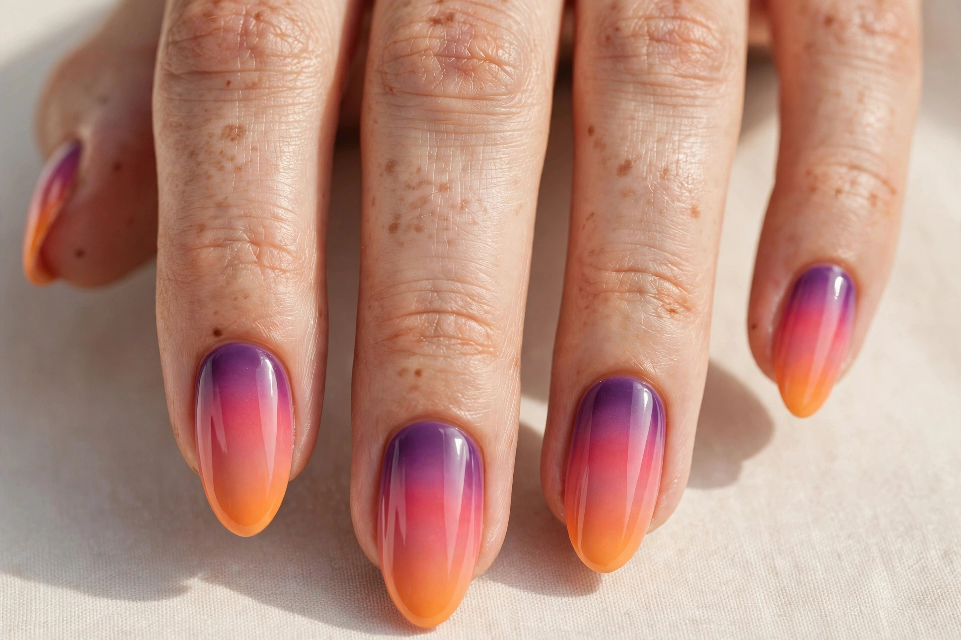 Sunset ombre manicure blending orange into pink and purple on almond nails