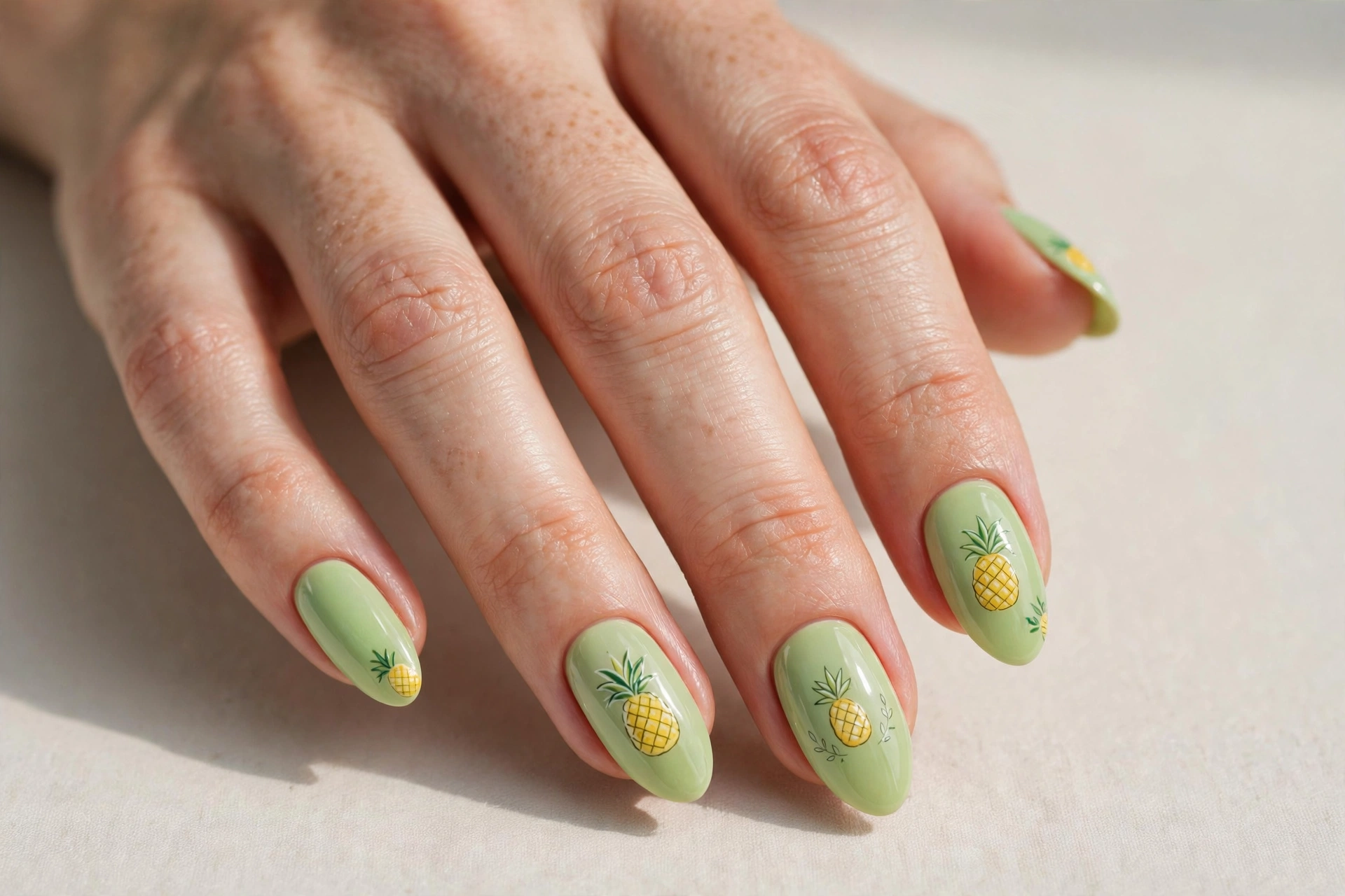 Playful yellow pineapple art painted on a pastel green manicure