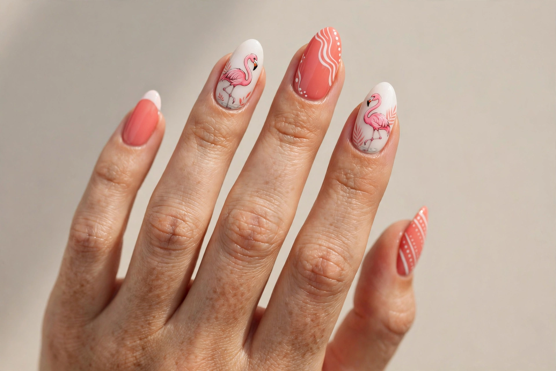 Pink flamingo nail art on a white and coral manicure