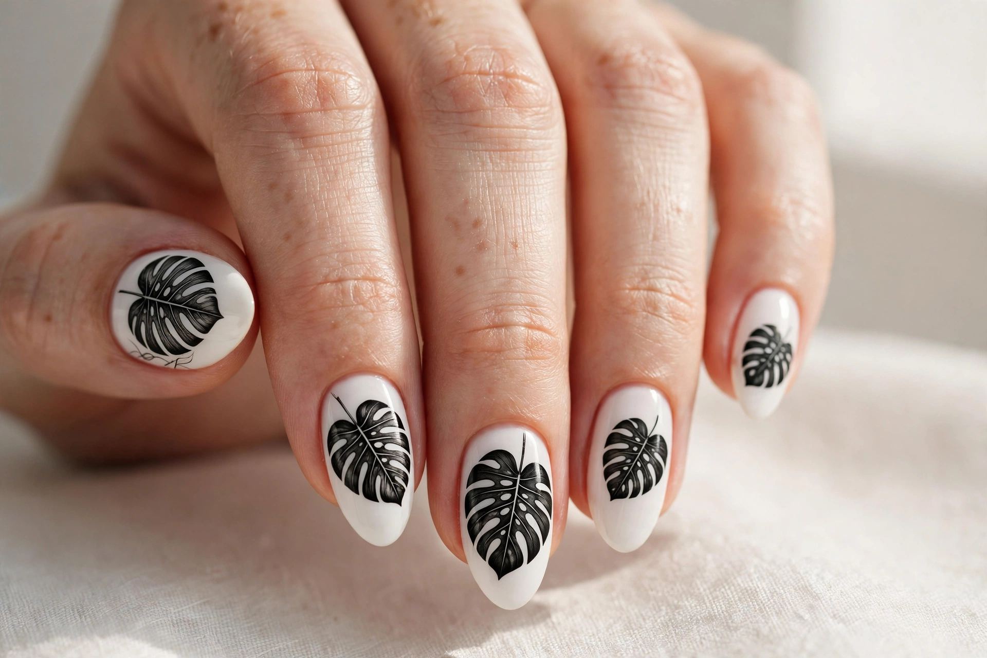 Black monstera leaves painted over a crisp white manicure