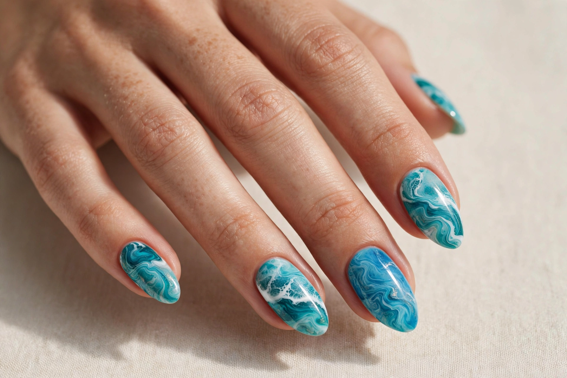Turquoise ocean wave marble effect on almond shaped nails