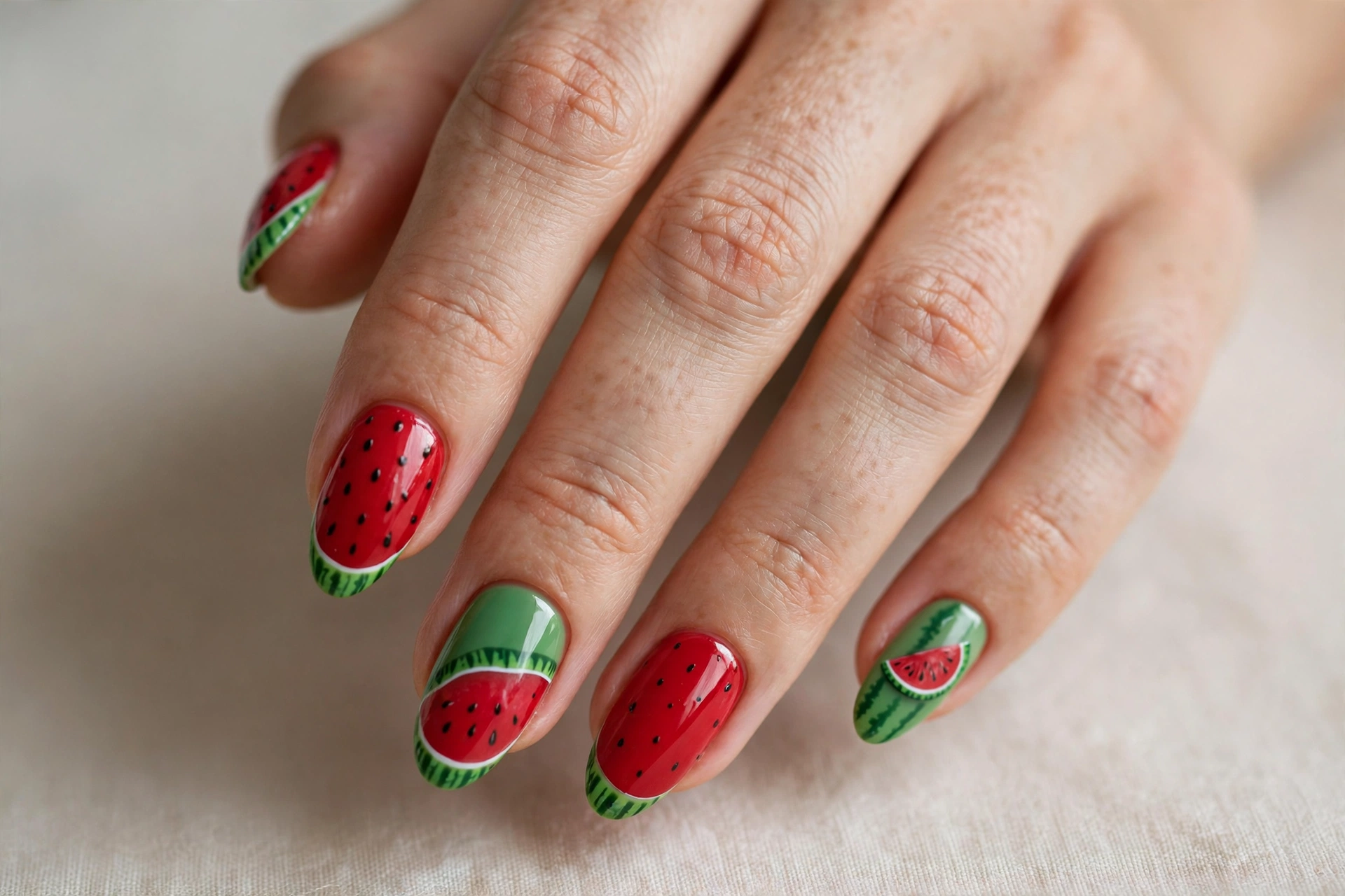 Watermelon slice nail art in red and green on a summer manicure