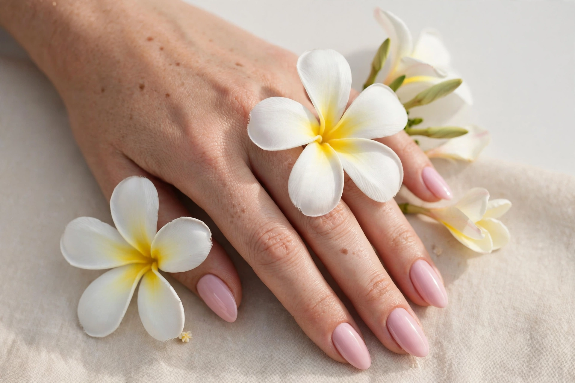 Delicate white plumeria flowers on a soft pink manicure