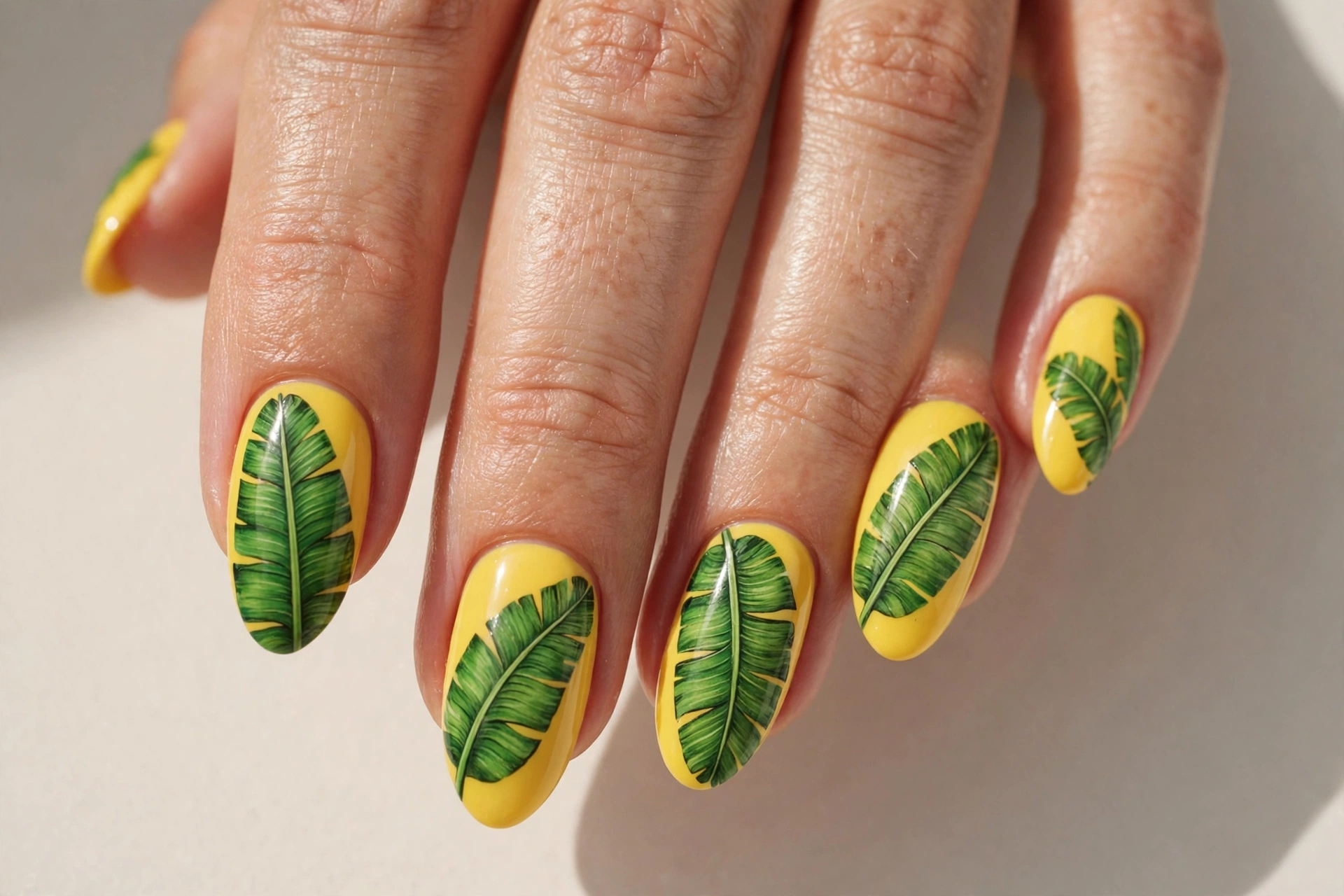 Bold green banana leaves painted on a sunny yellow manicure