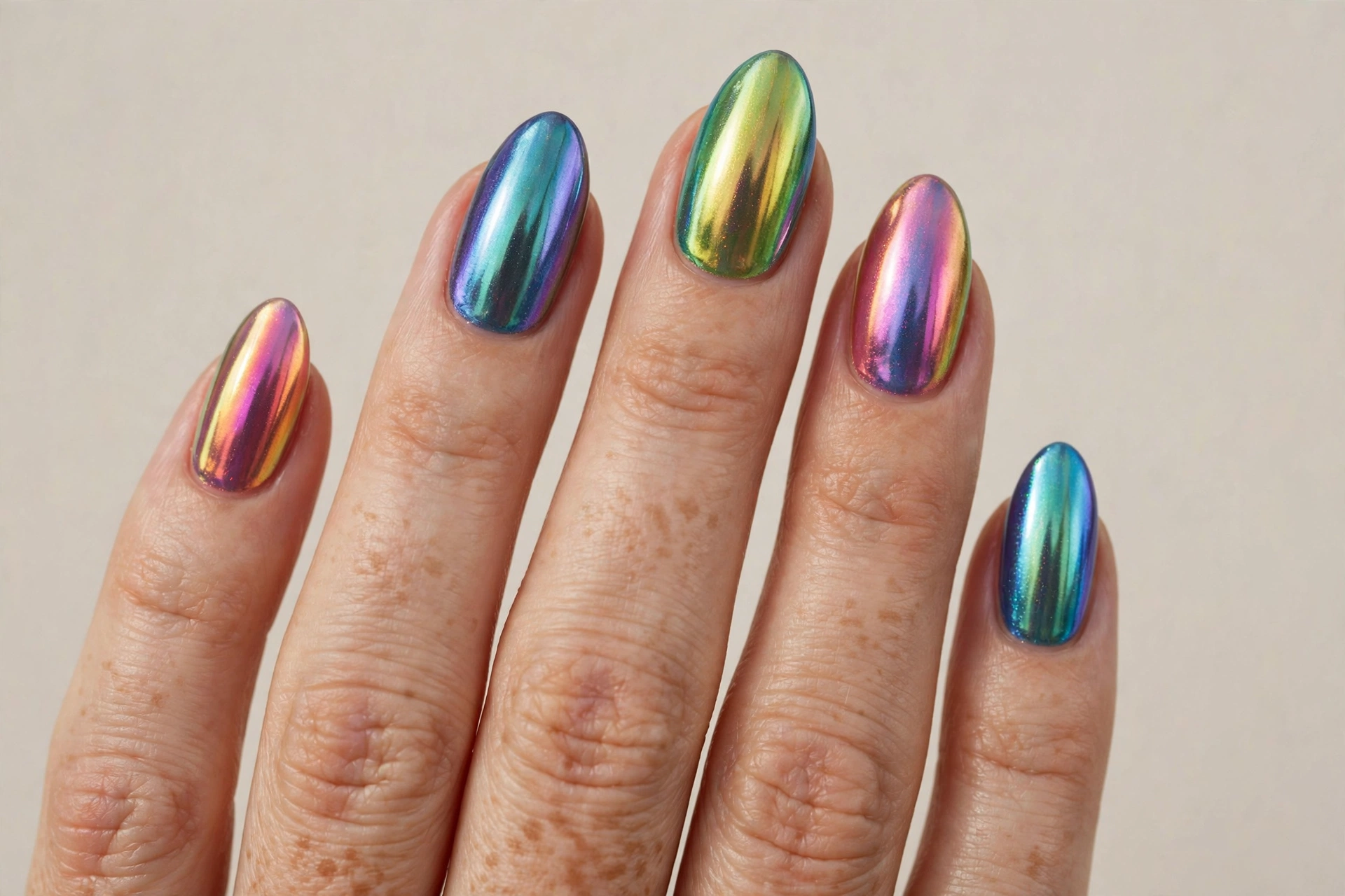 Iridescent tropical chrome rainbow manicure catching the light