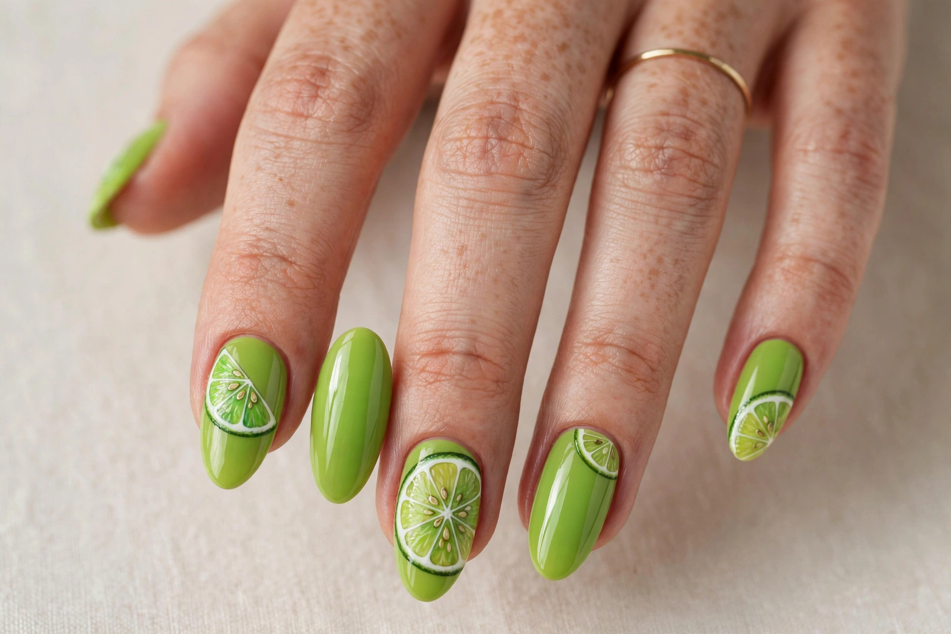 Key lime green manicure with tiny lime slice art