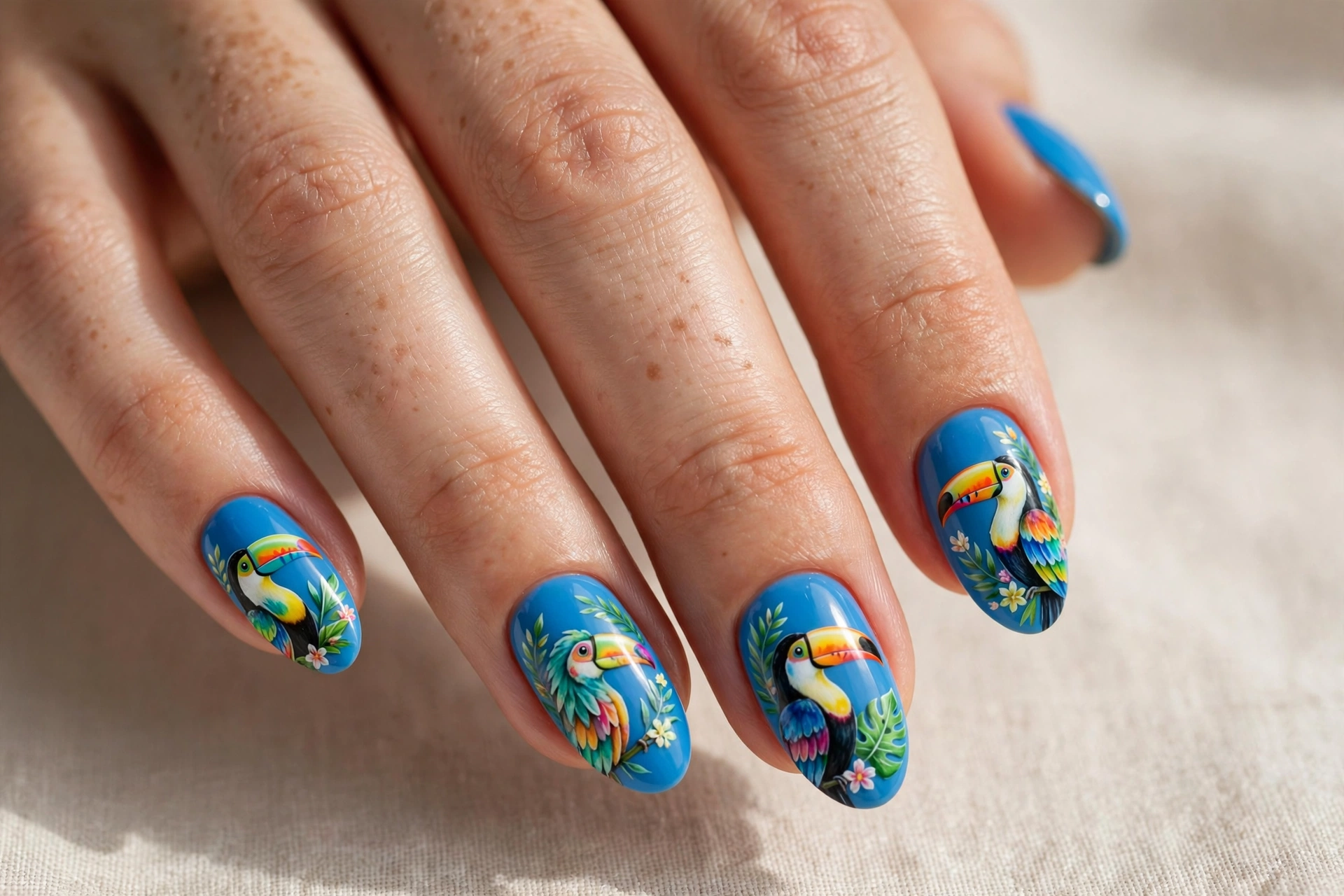 Colorful toucan nail art on a bright blue manicure