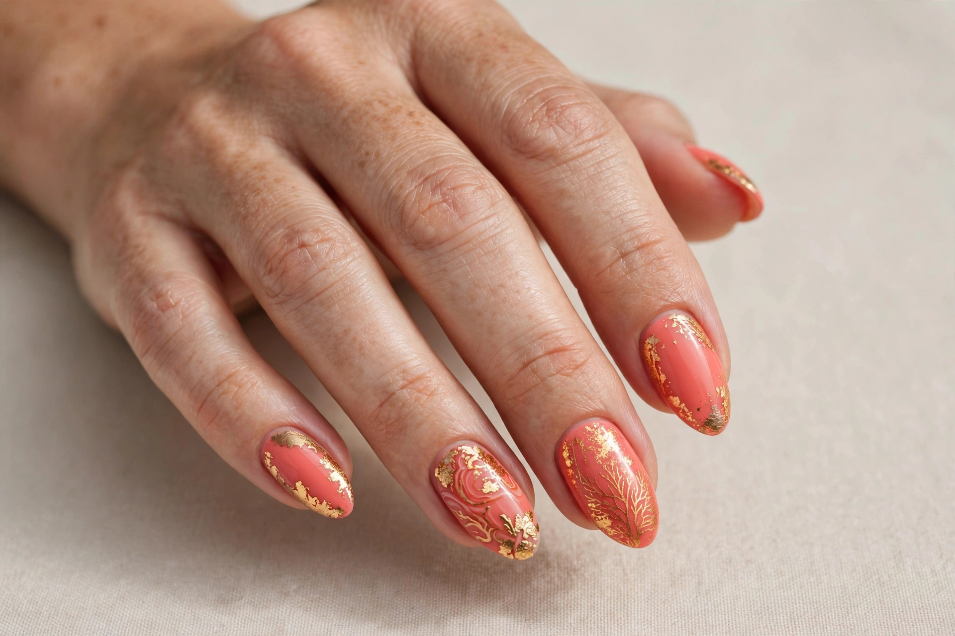 Coral reef manicure in coral pink with gold accents