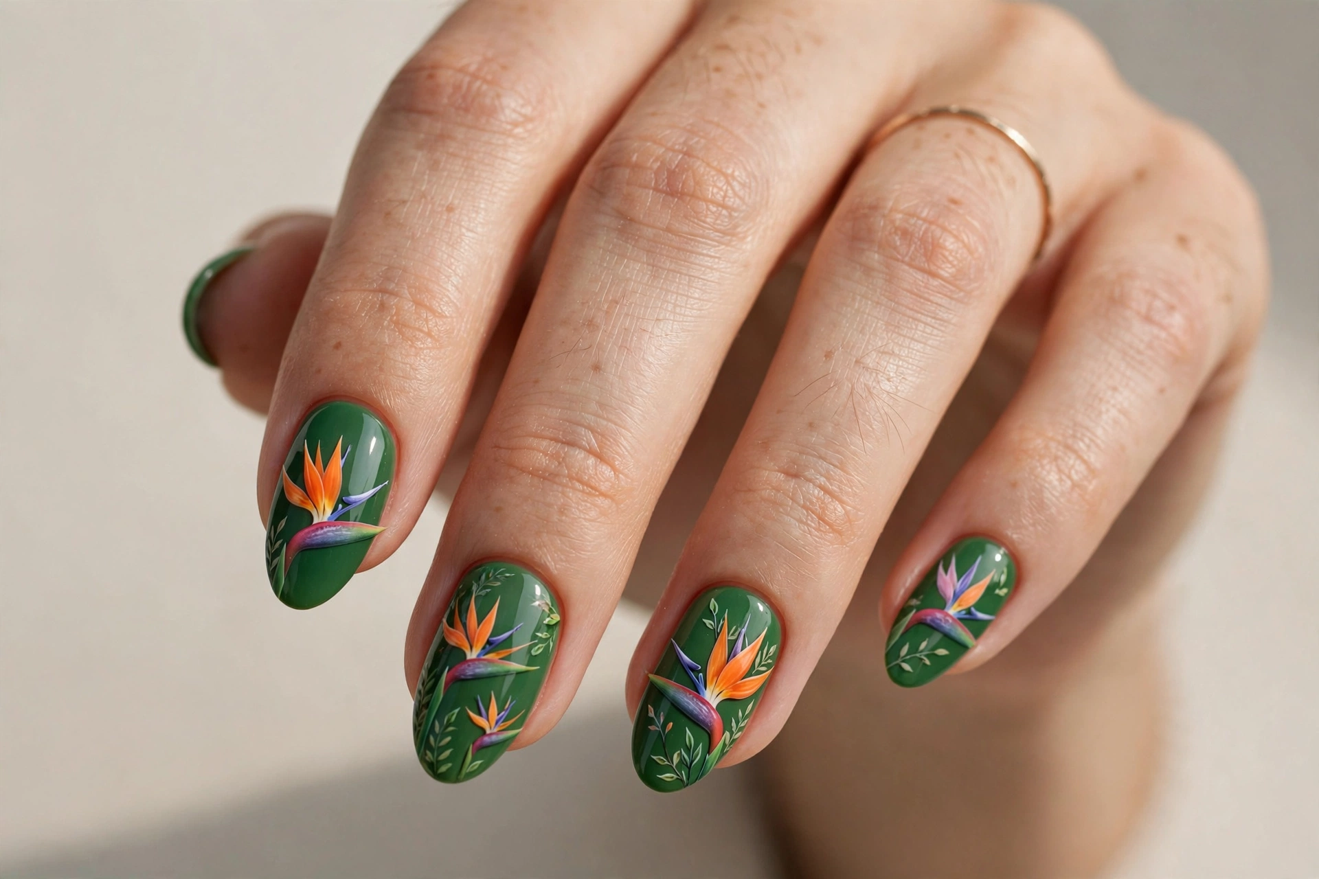 Bird of paradise flowers in orange and purple on a green manicure