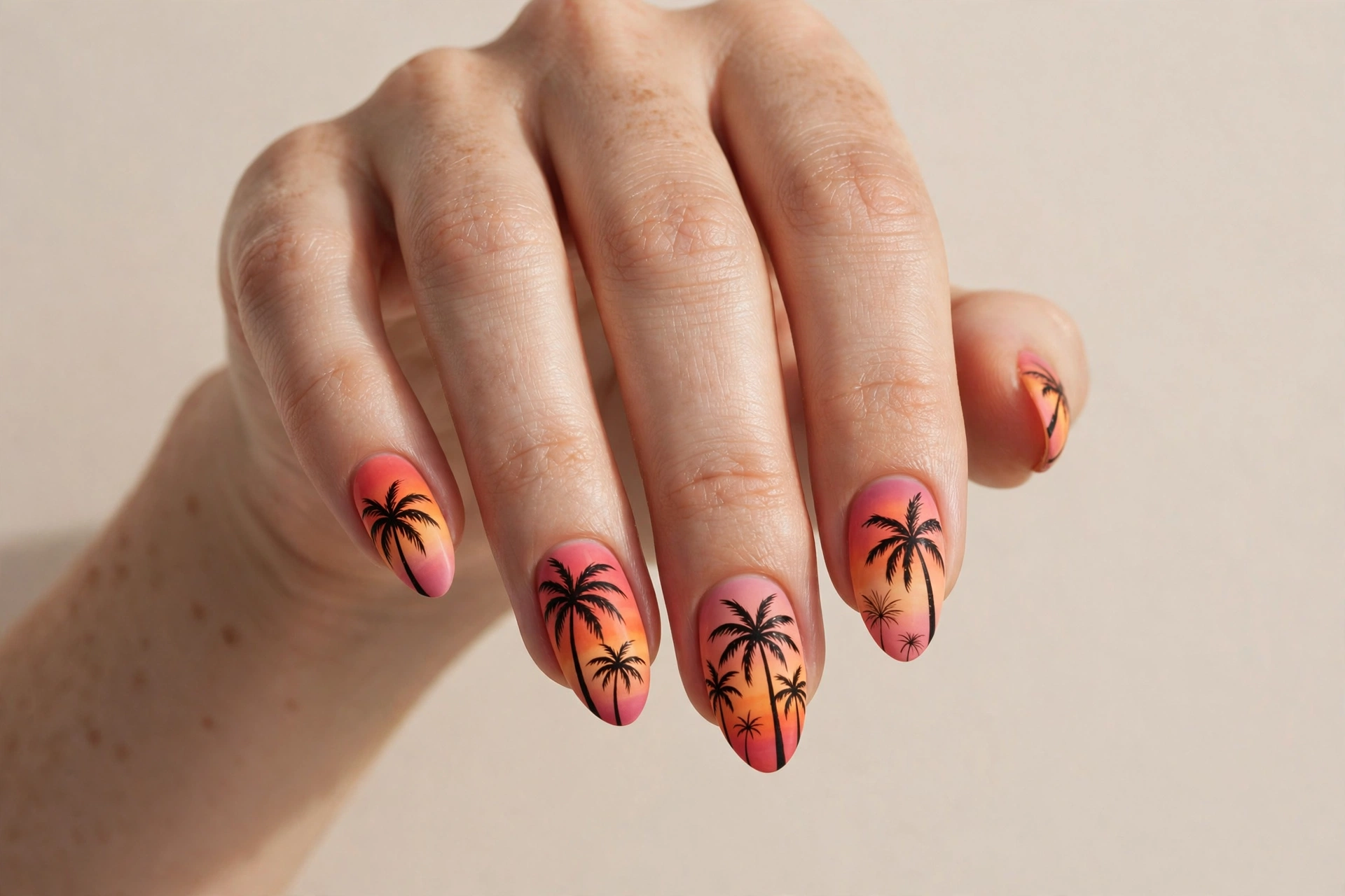 Dark palm tree silhouettes on a pink and orange sunset gradient manicure