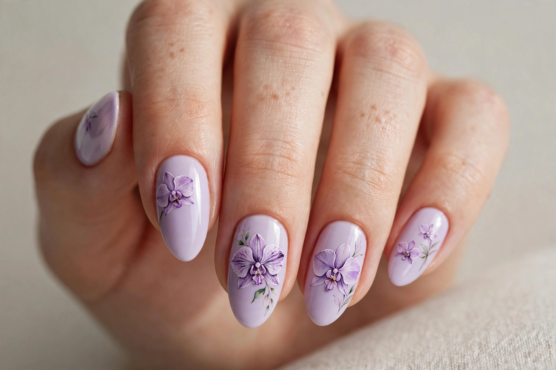 Purple orchid flower art on a light lavender manicure