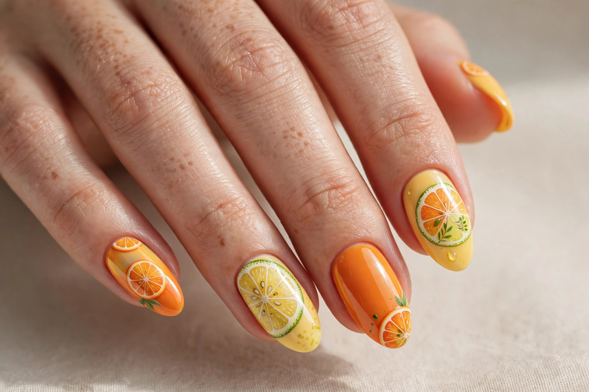 Tropical citrus fruit slice nail art on orange and yellow nails