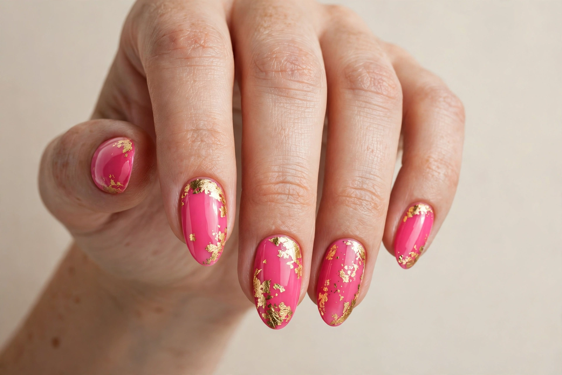 Bright guava pink manicure with gold leaf accents