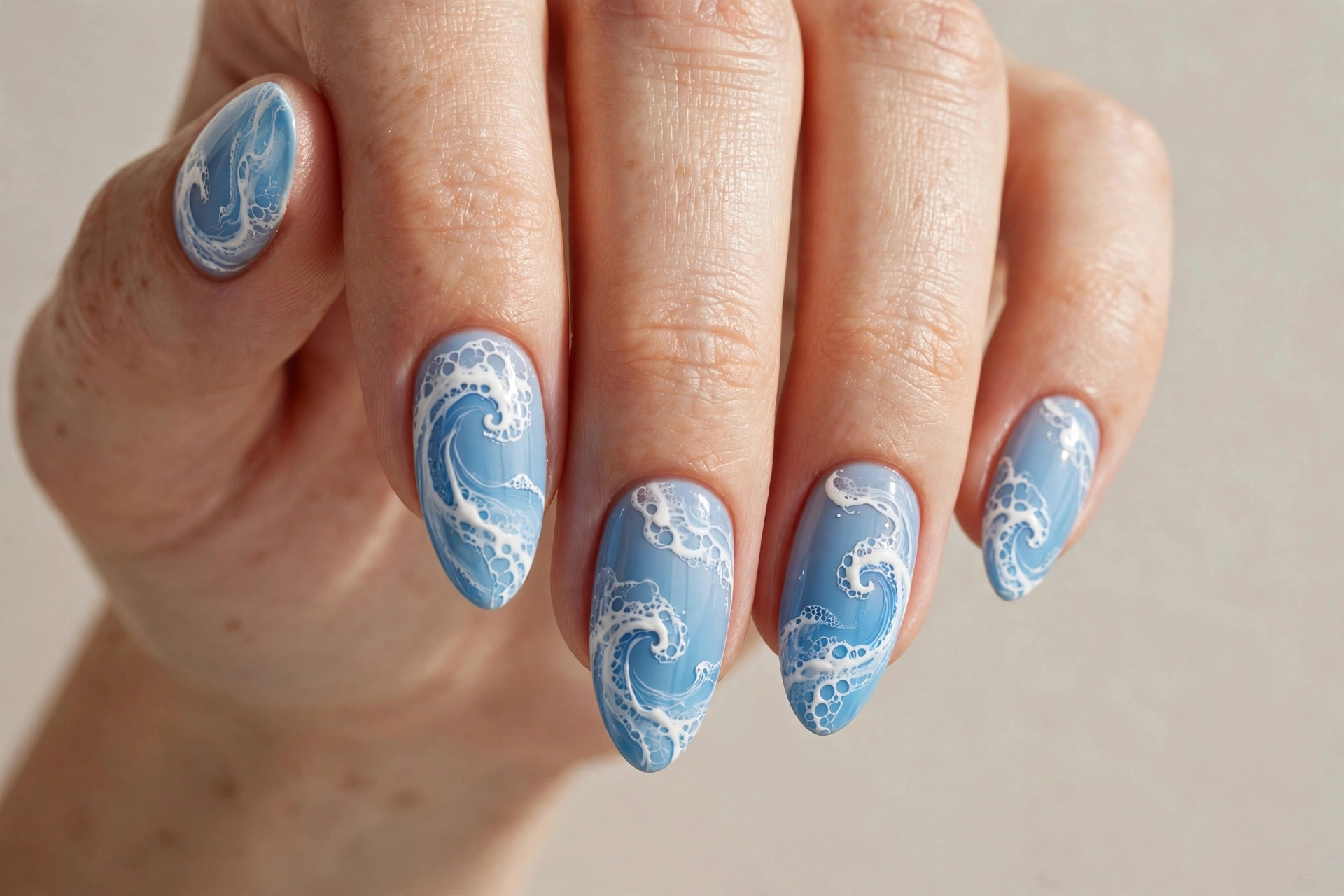 Surf blue wave manicure with light blue and white sea foam curls