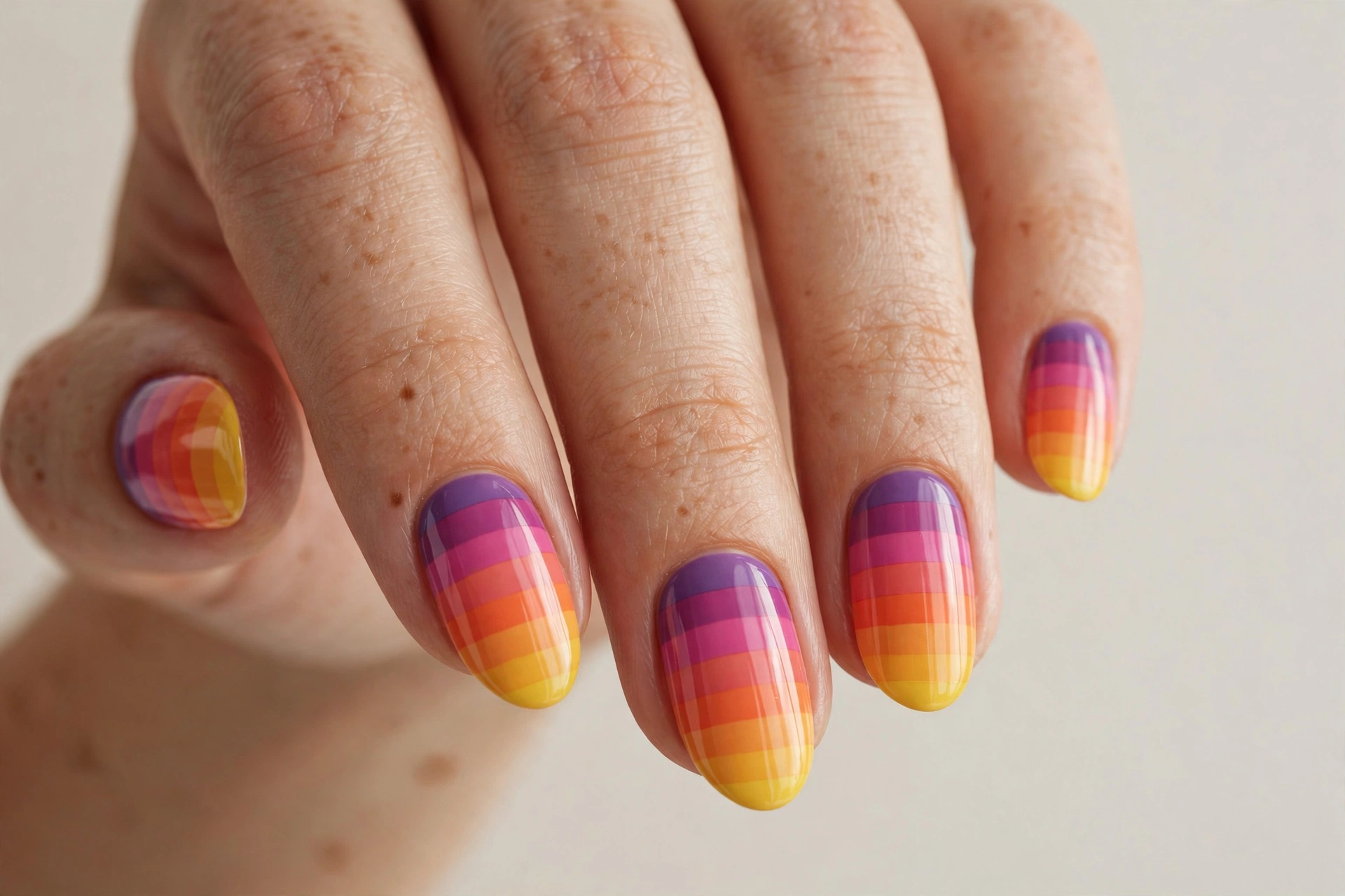 Rainbow tropical sunset manicure with horizontal multicolor stripes