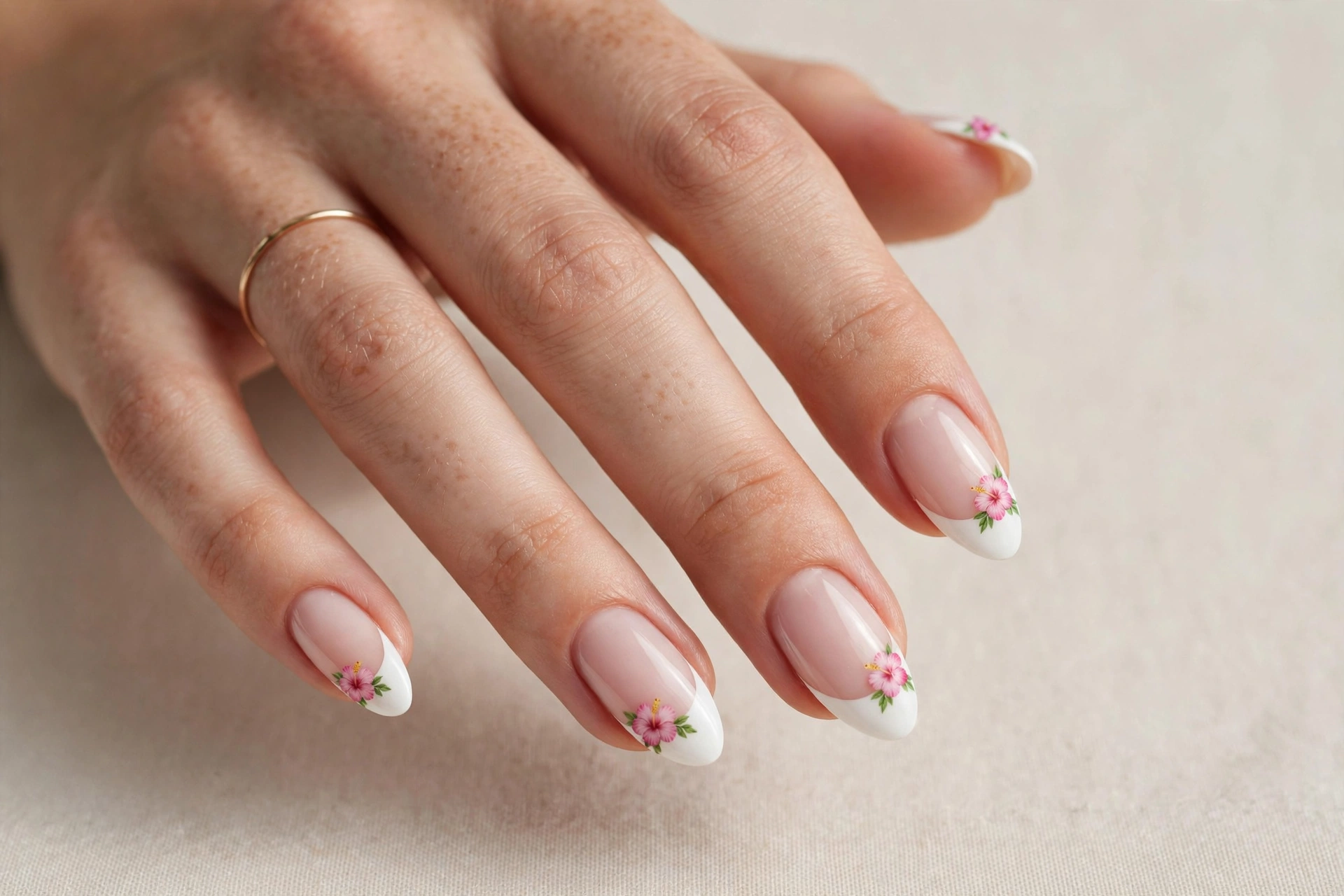 White French tip nails with small hibiscus flowers on the tips