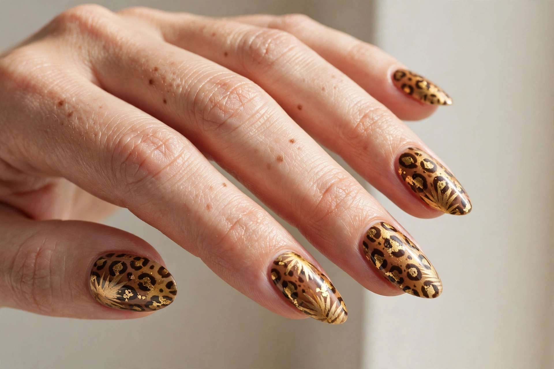 Tropical leopard print manicure in gold and brown tones