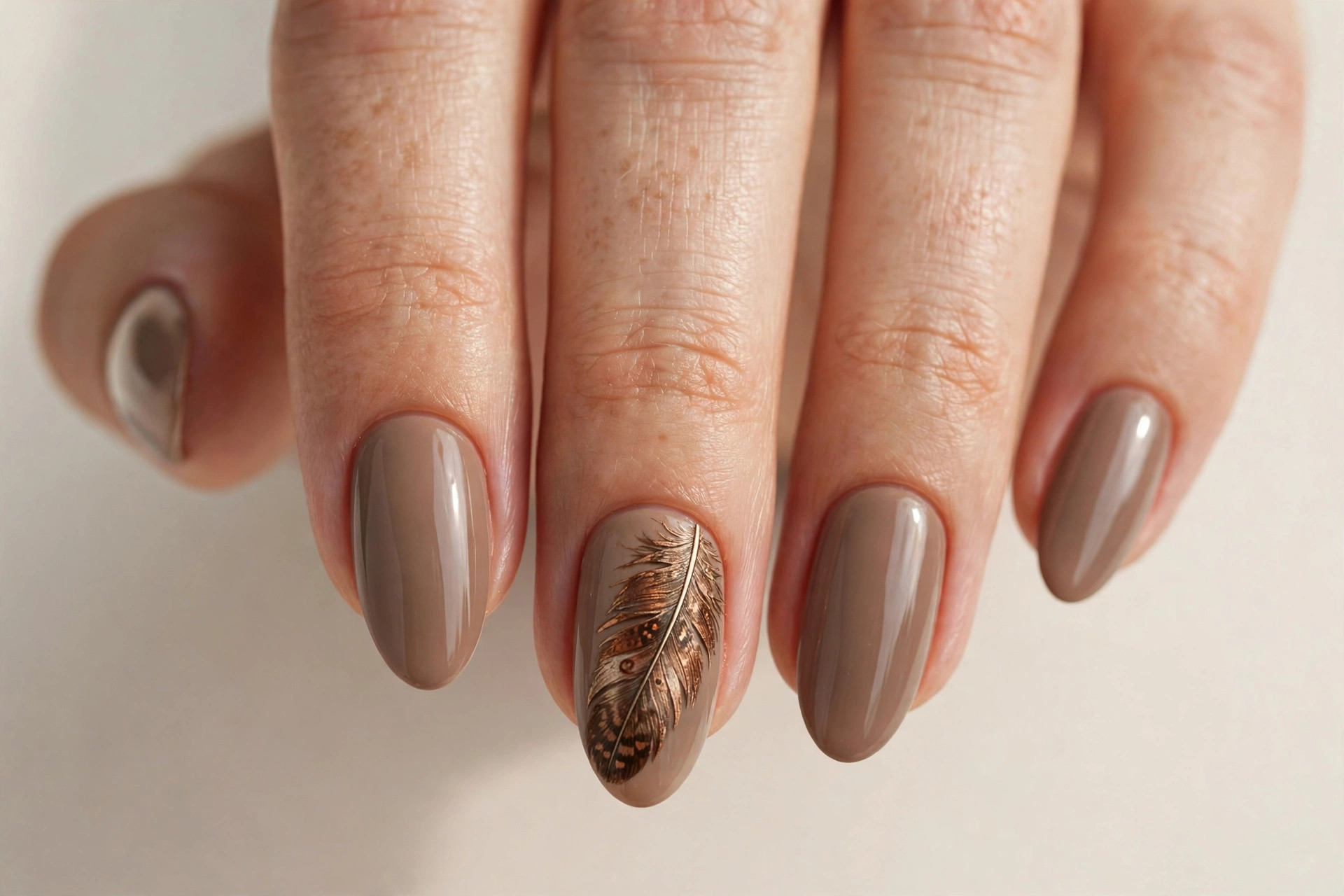 Turkey feather accent nail art on taupe nails