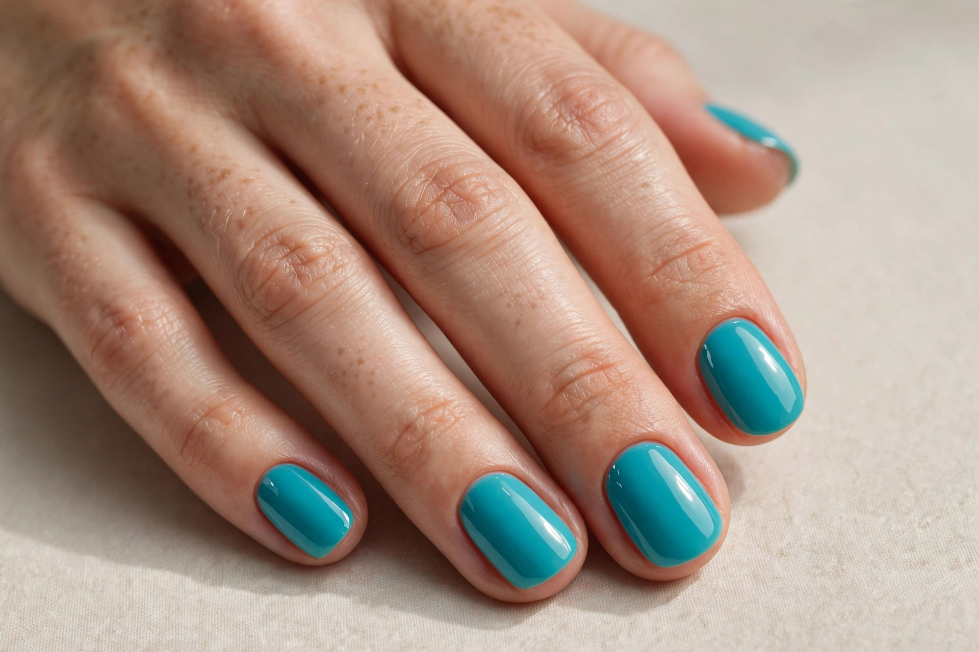 Solid glossy turquoise nail polish on short oval nails