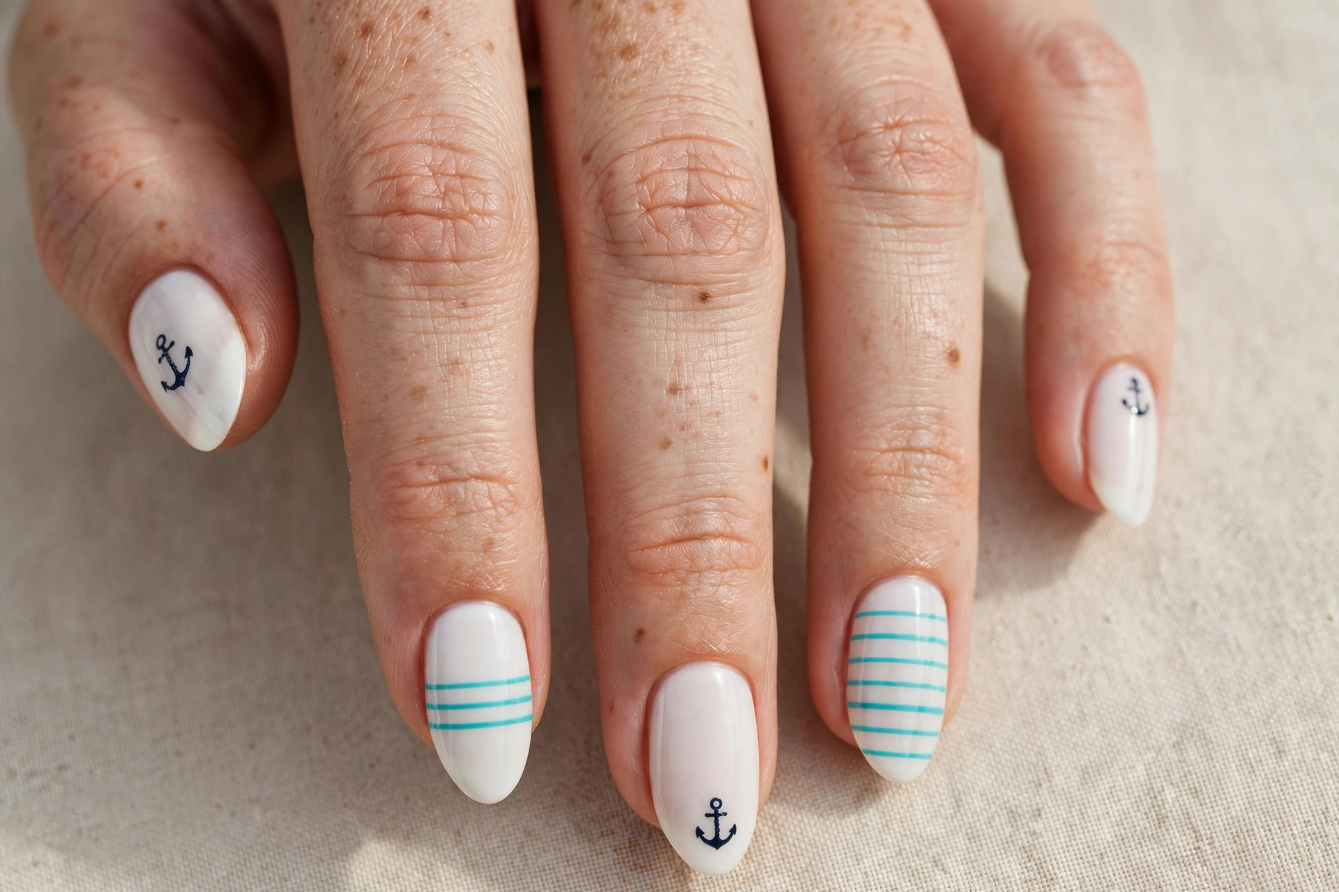 White nails with tiny navy anchor motifs and turquoise stripes