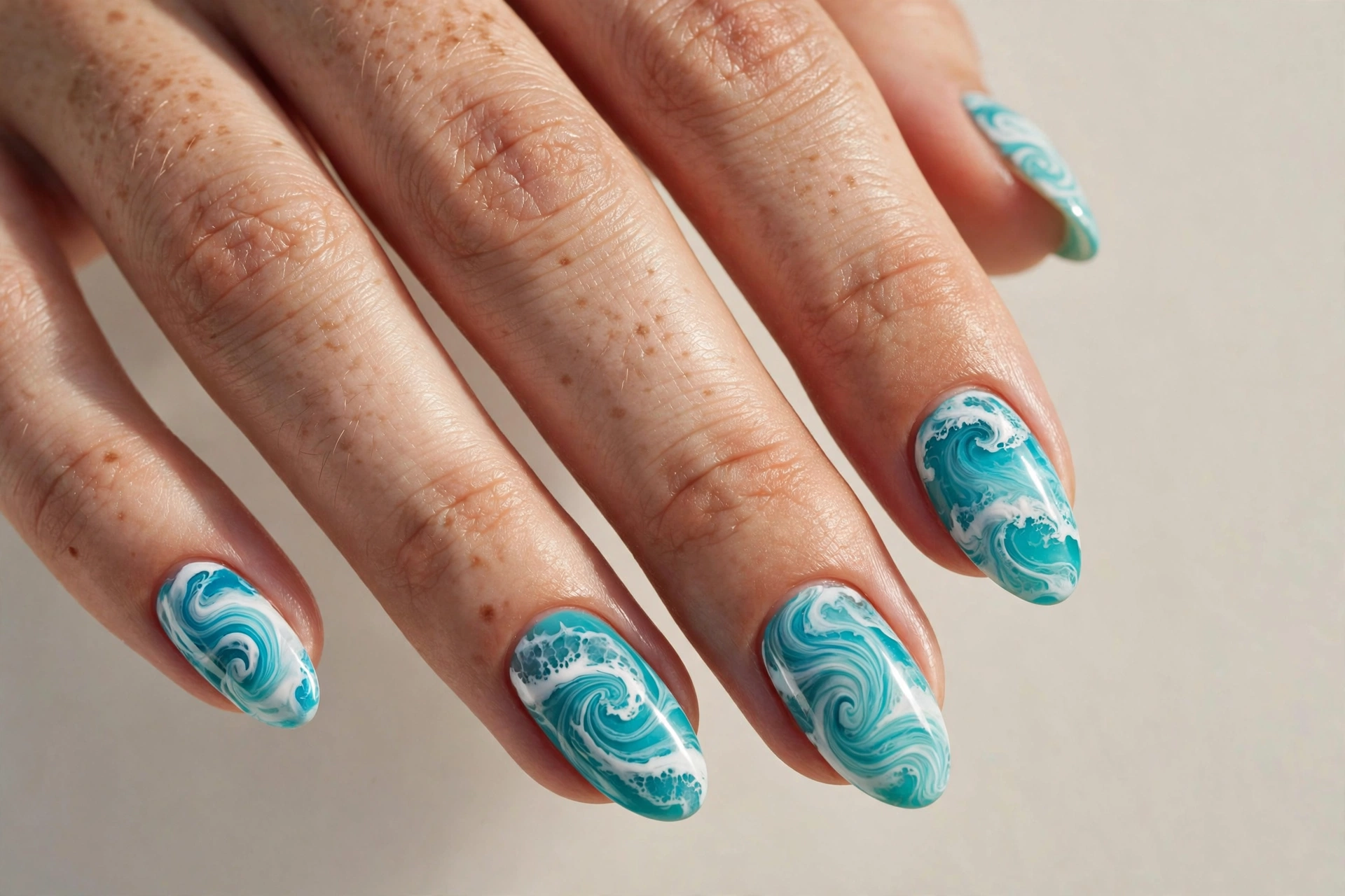 Turquoise and white ocean wave swirl nail art on almond nails