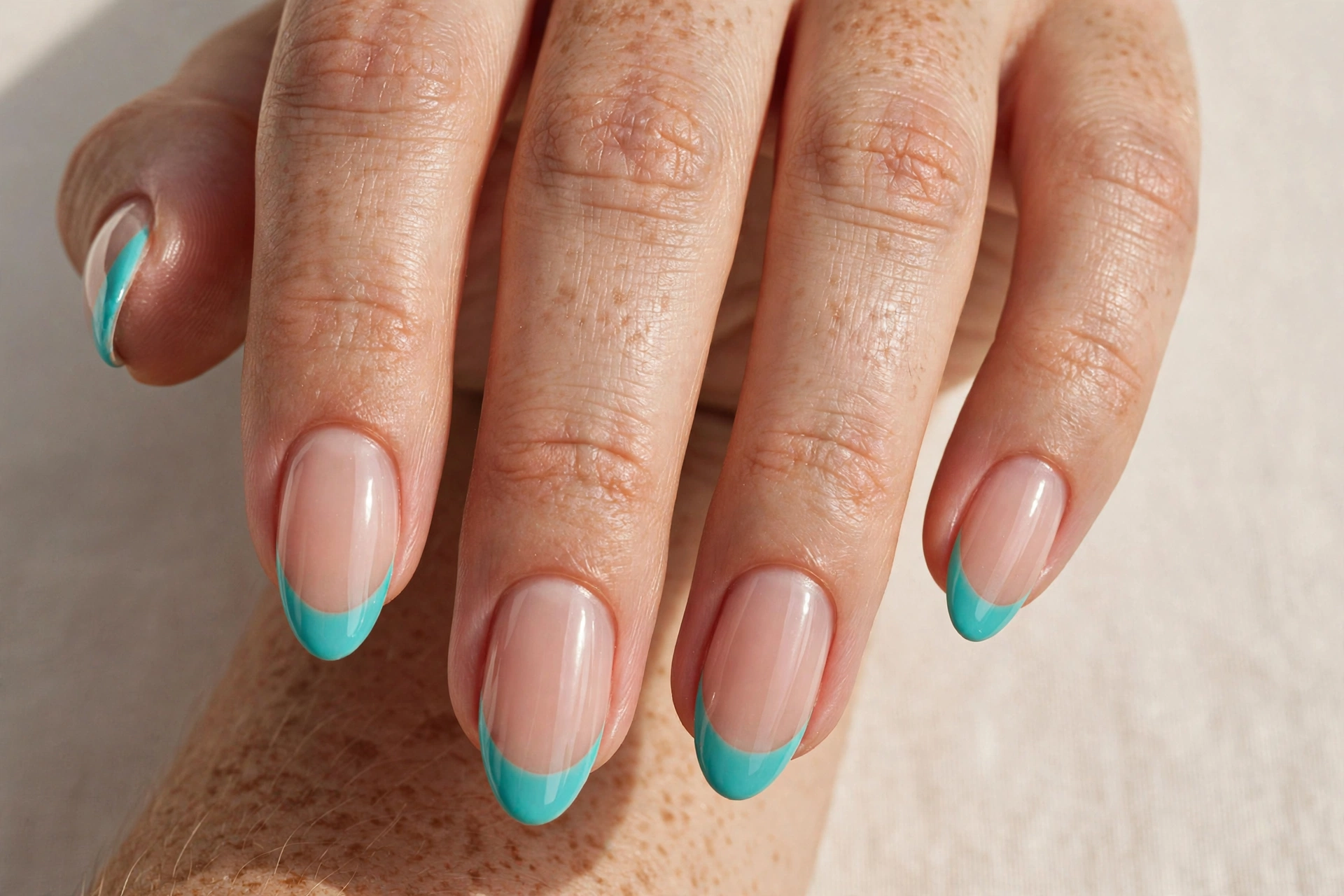 Turquoise French tips on a sheer nude base