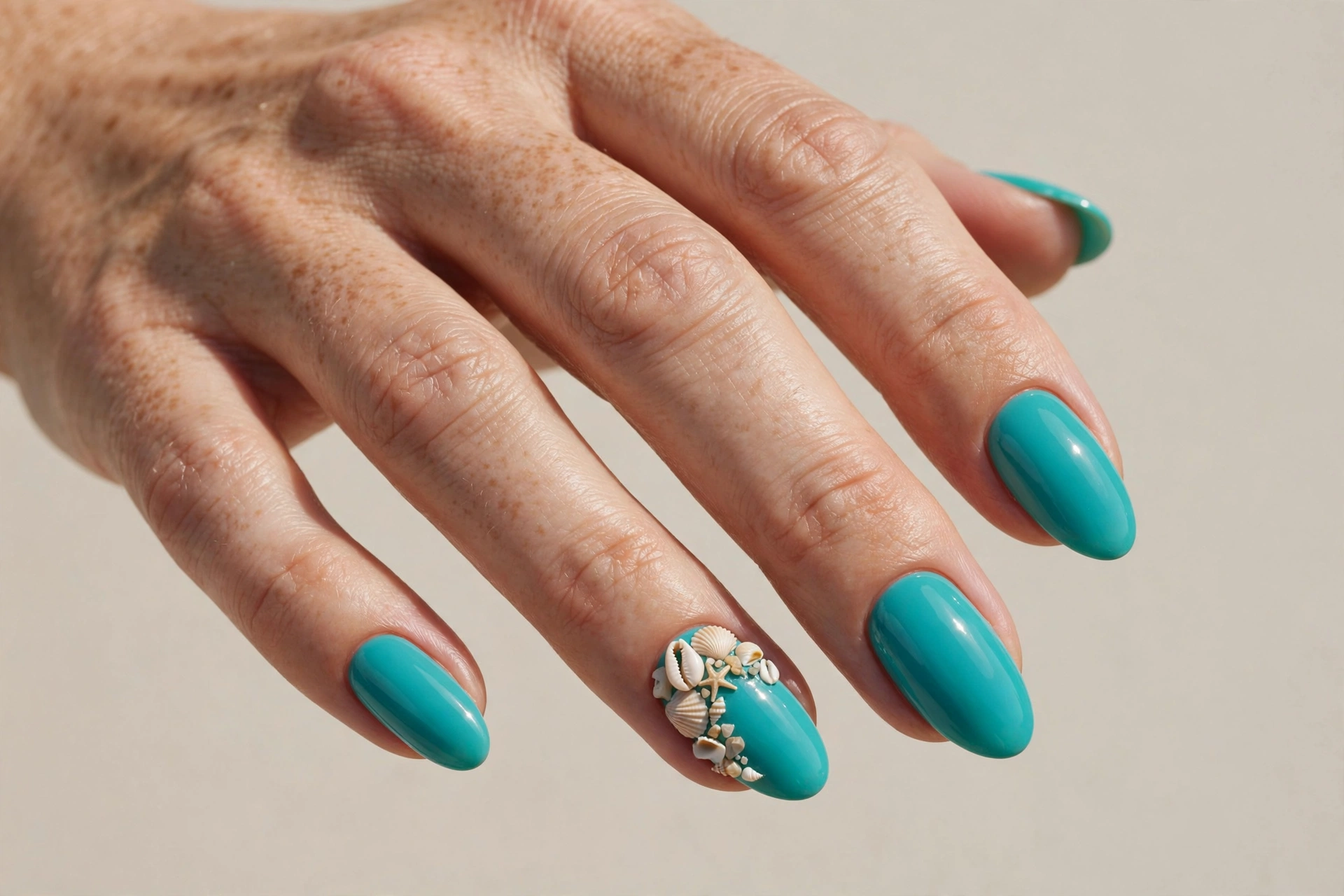 Turquoise nails with tiny seashell embellishments on accent nails