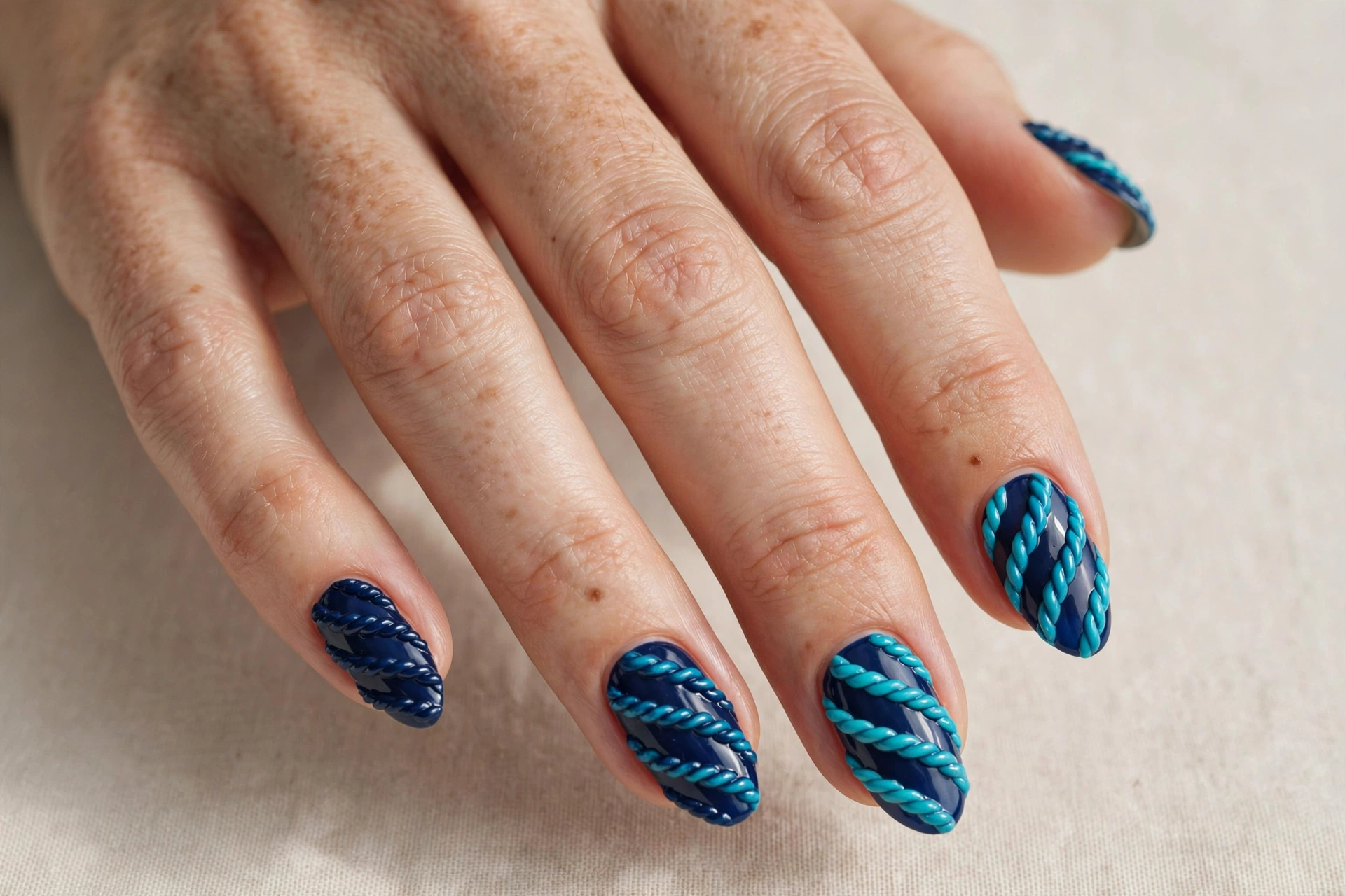 Navy and turquoise twisted rope stripe nail art