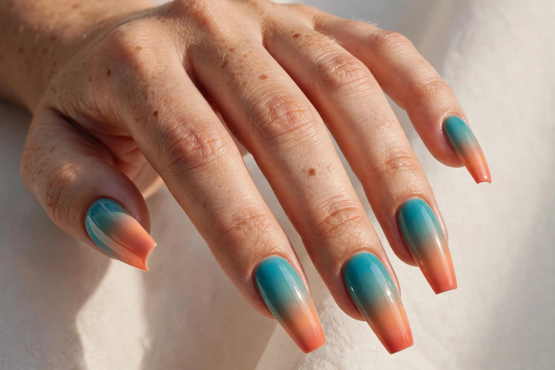 Turquoise to coral ombre sunset gradient on coffin nails