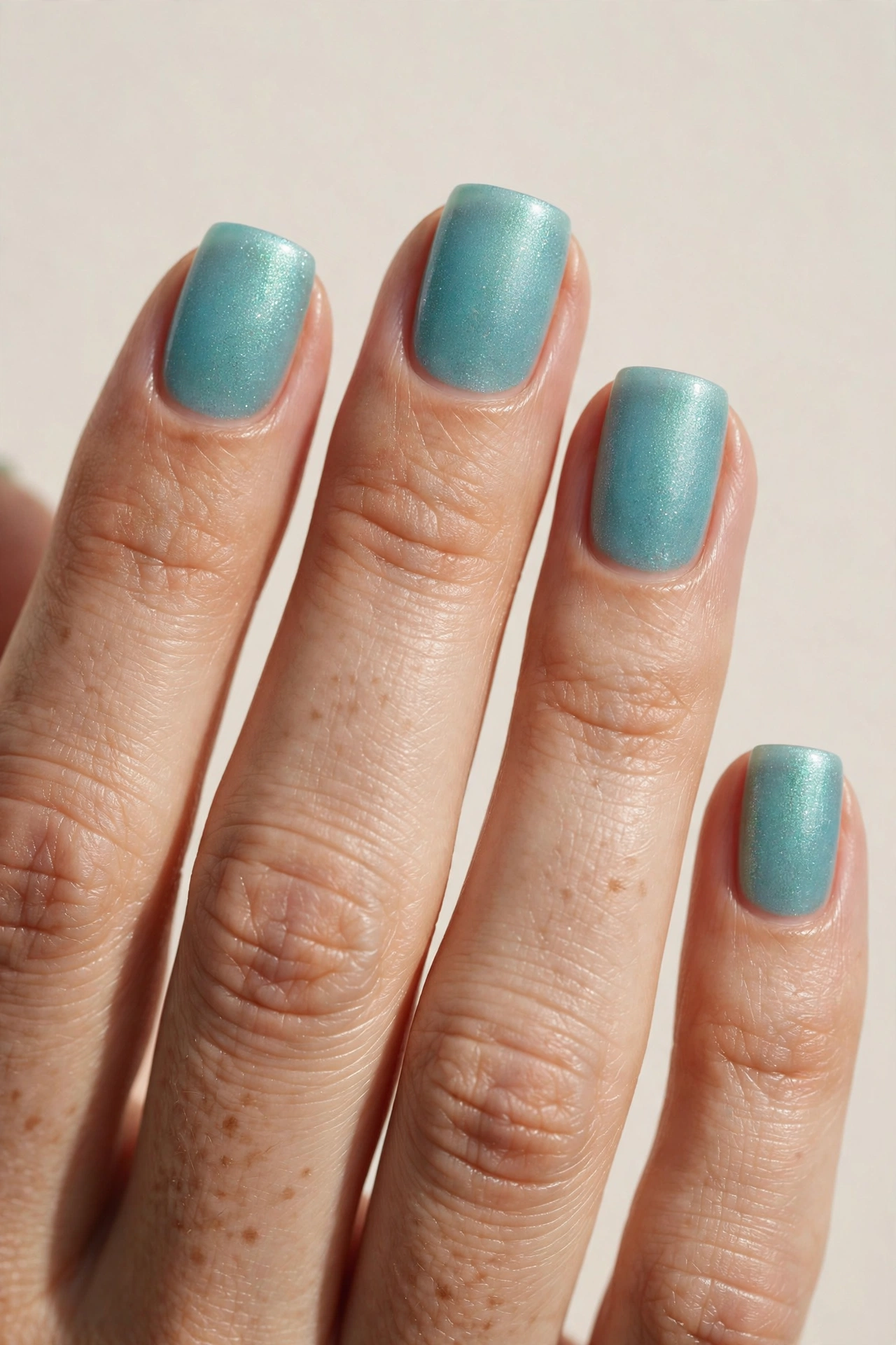 Frosted sea glass turquoise shimmer nails on short square nails