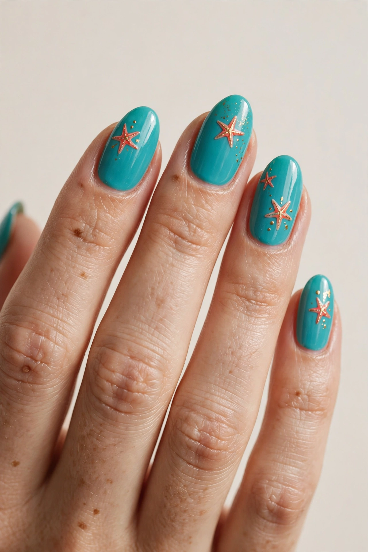 Turquoise nails with tiny coral and gold starfish designs