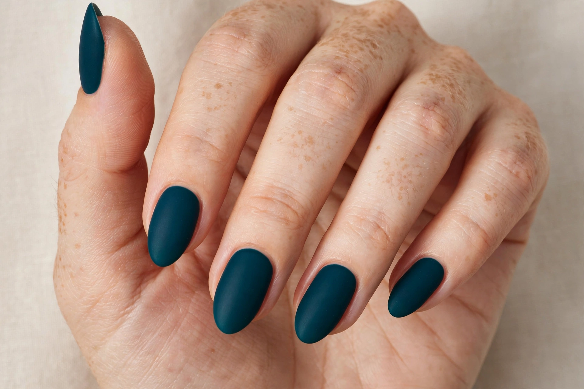 Deep teal matte nail polish on almond nails