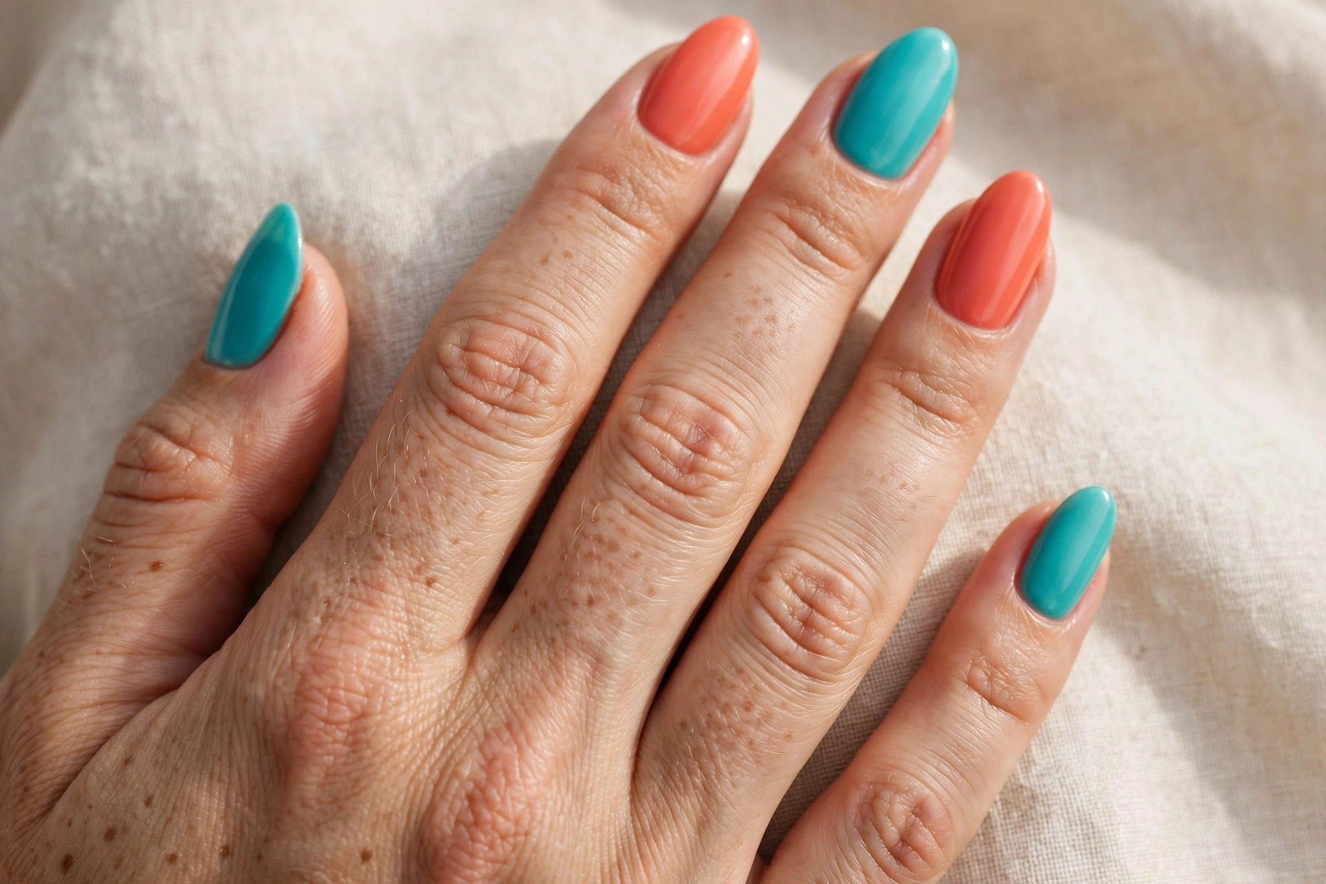 Alternating turquoise and coral solid nails on almond nails