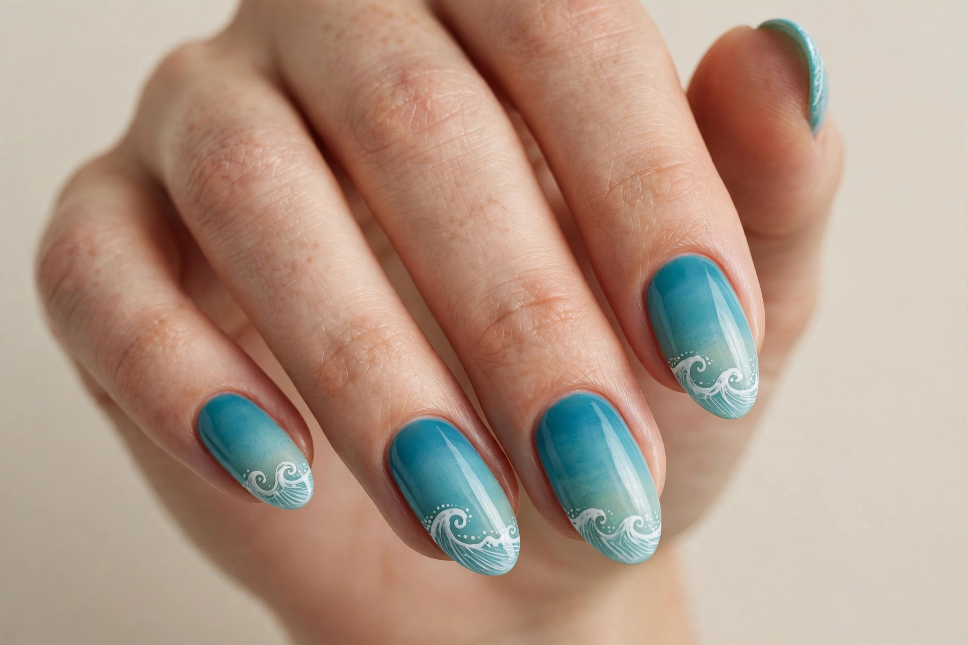 Turquoise ocean ombre nails with white wave tips