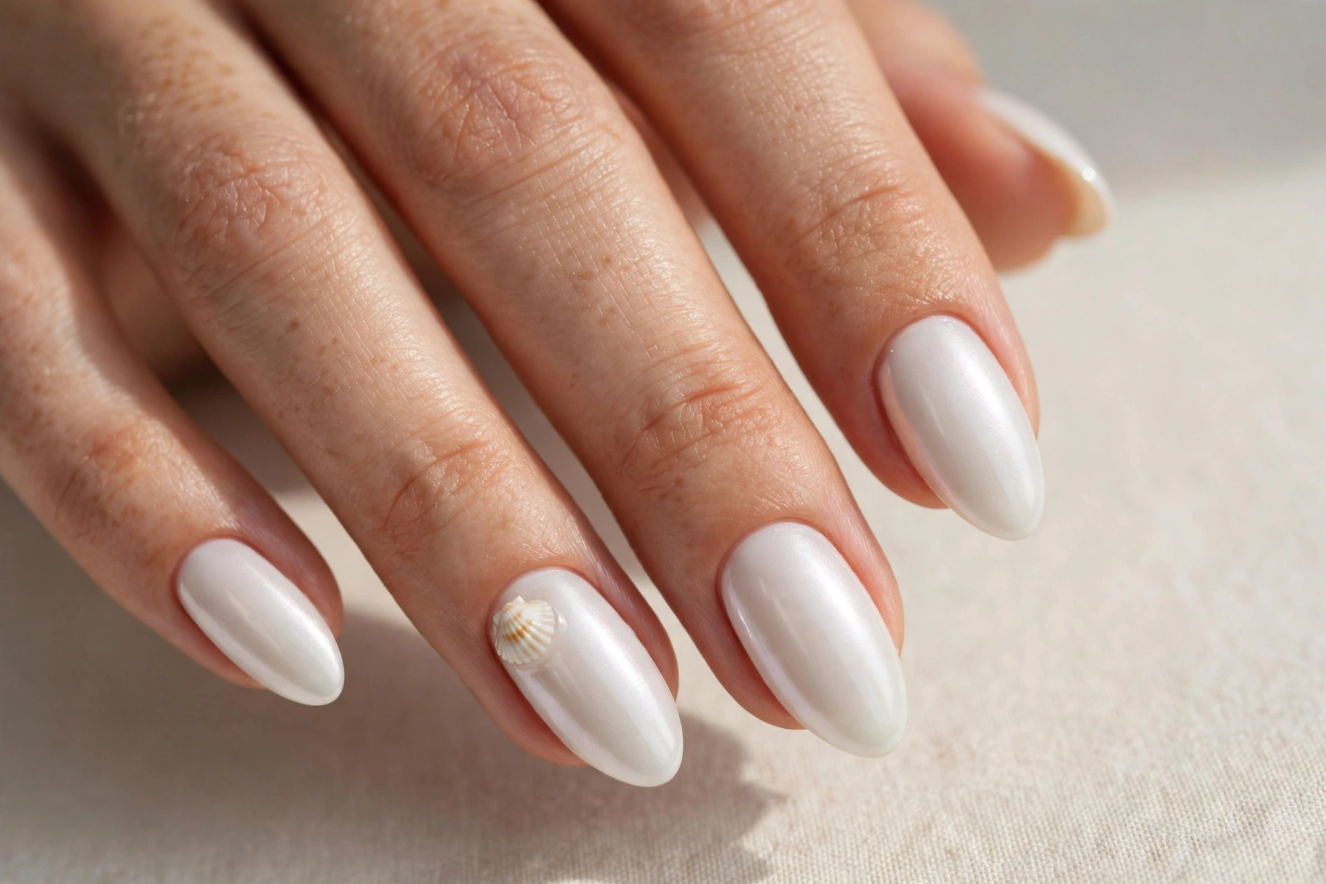 Pearly white nails with a tiny seashell accent nail