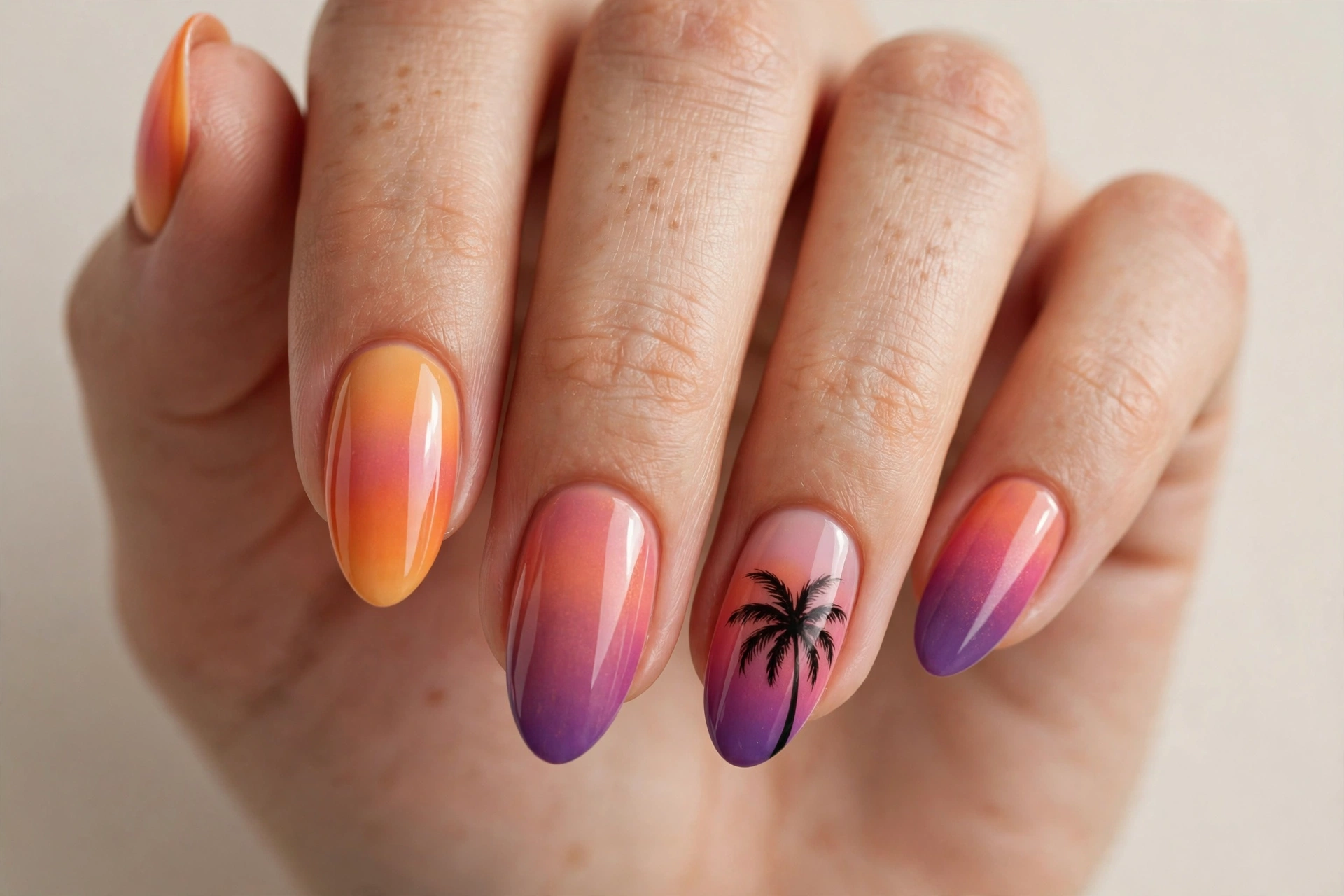 Sunset gradient nails with palm tree silhouette