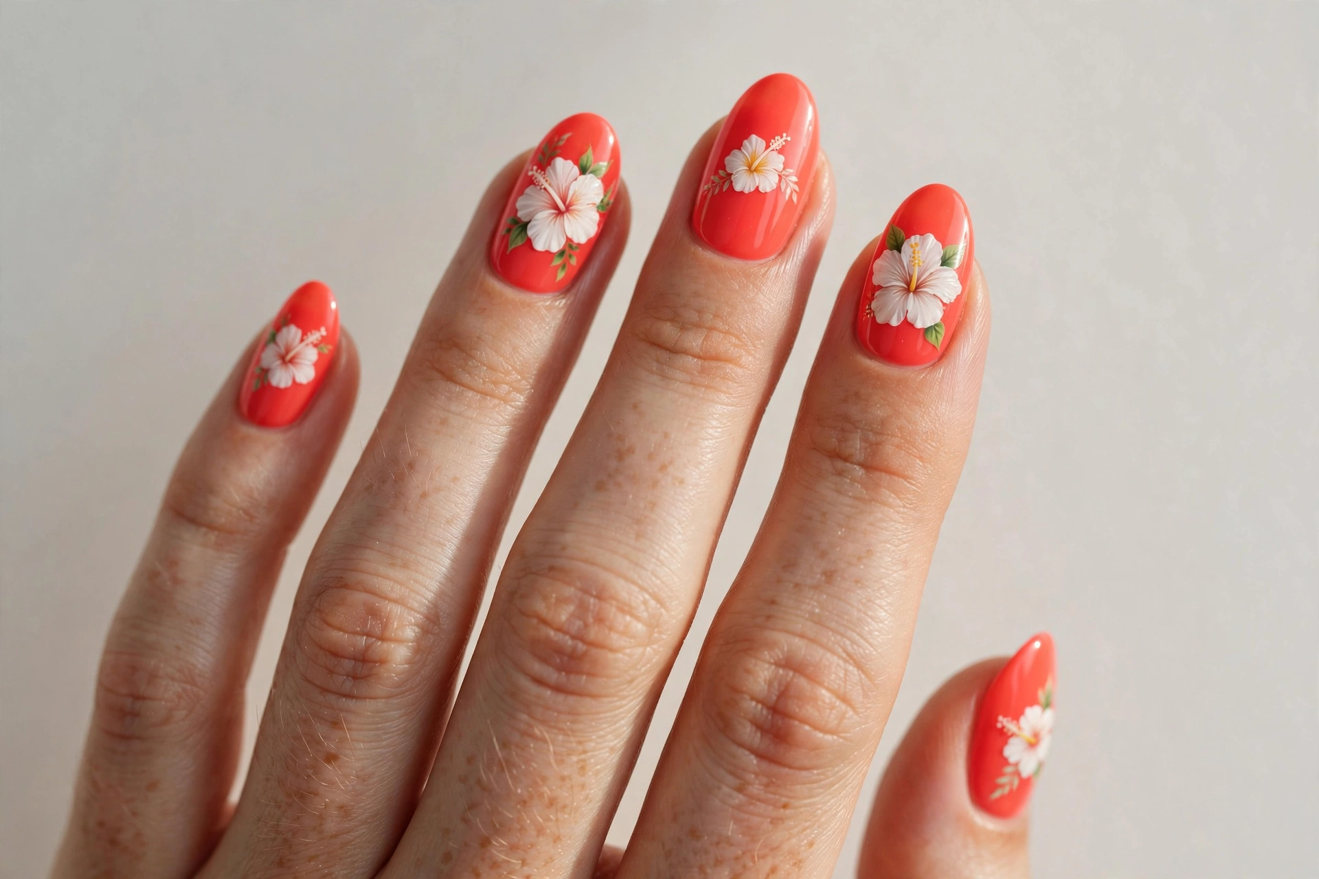 Coral nails with white hibiscus flower art