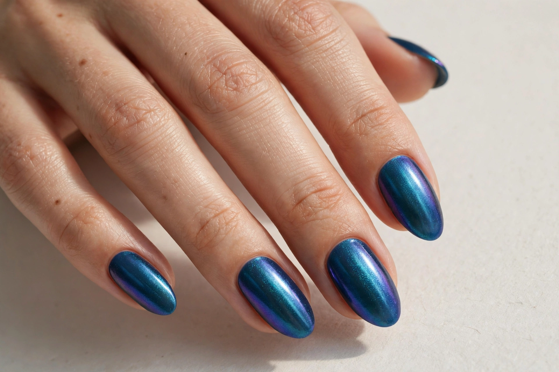 Deep ocean blue nails with iridescent mermaid chrome shimmer