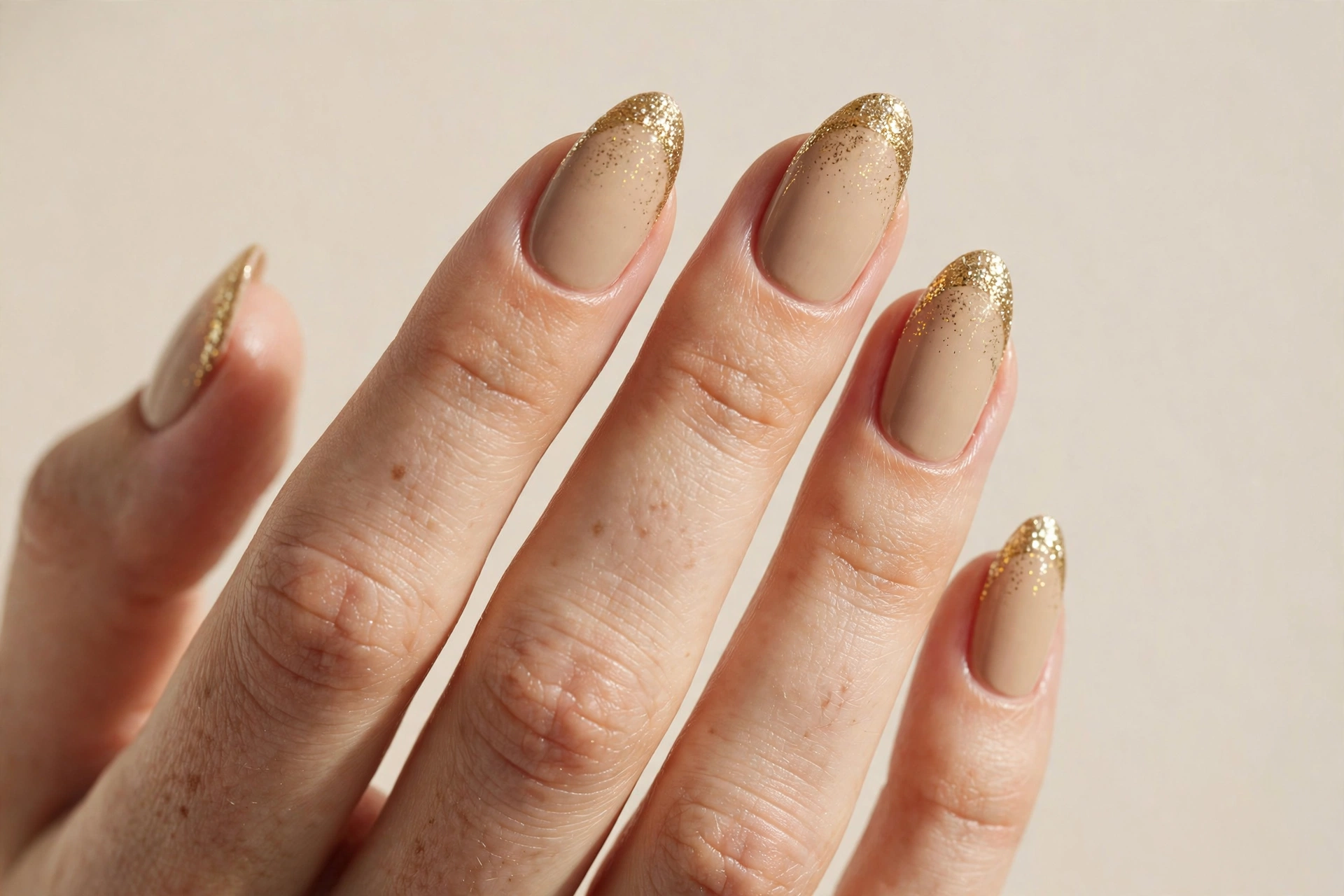 Sandy beige nails with gold glitter tips